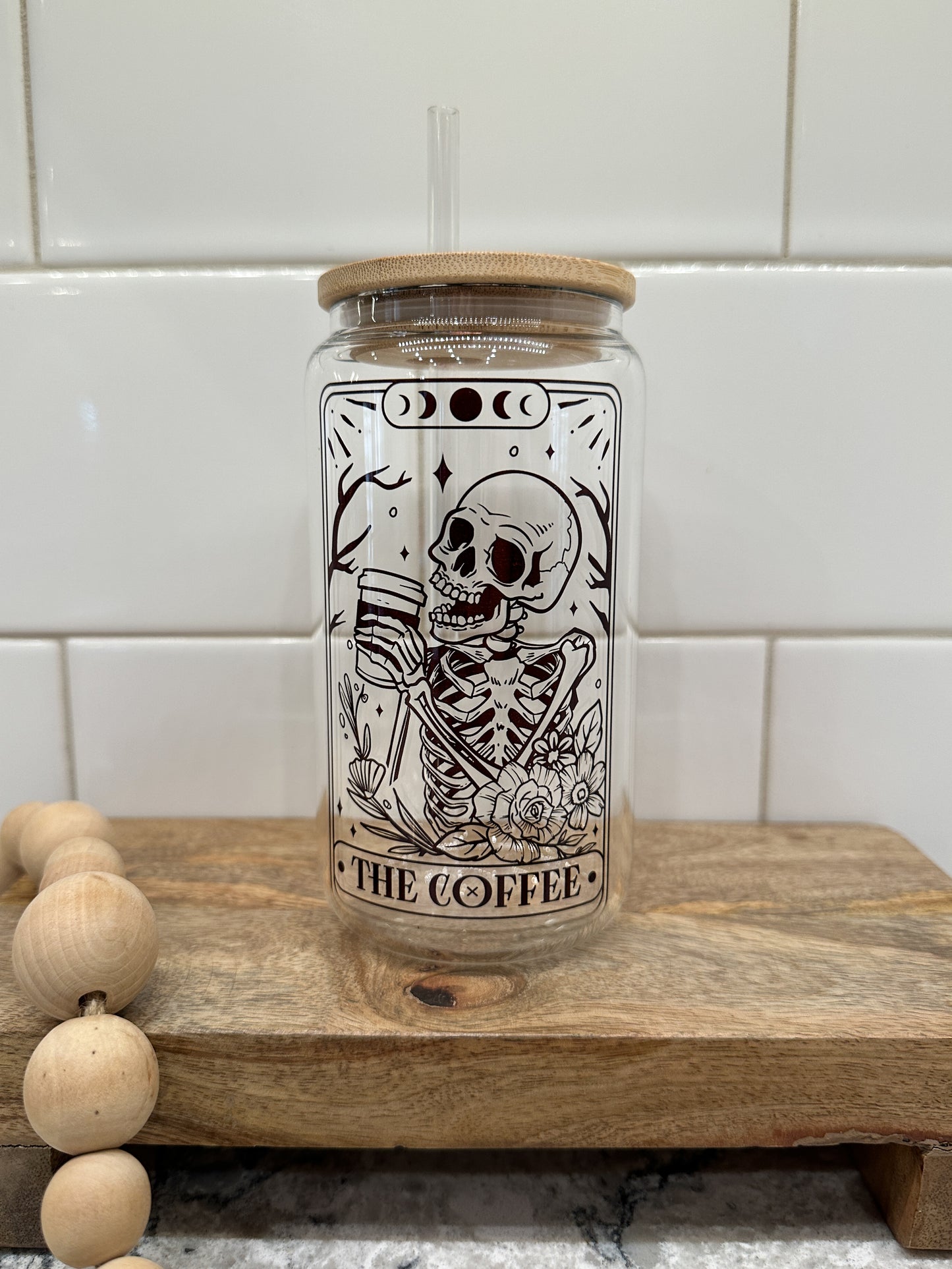 The Coffee Skeleton | Tarot Card Collection |  16oz Can Glass with Bamboo Lid | Clear Glass Drinkware