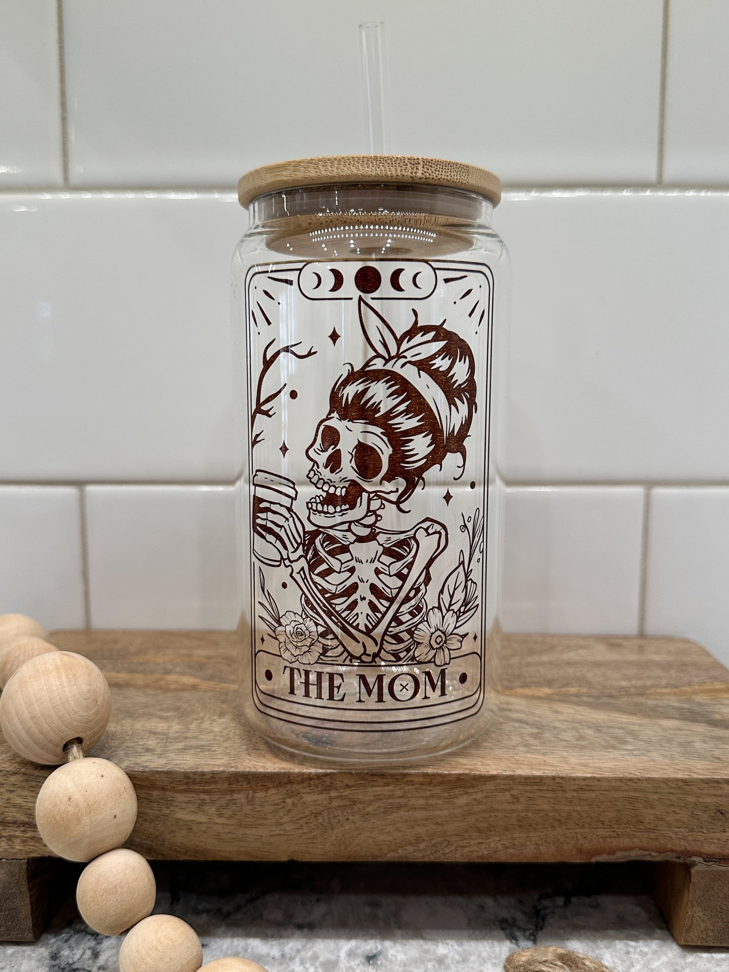 The Mom | Tarot Card Collection |  16oz Can Glass with Bamboo Lid | Clear Glass Drinkware