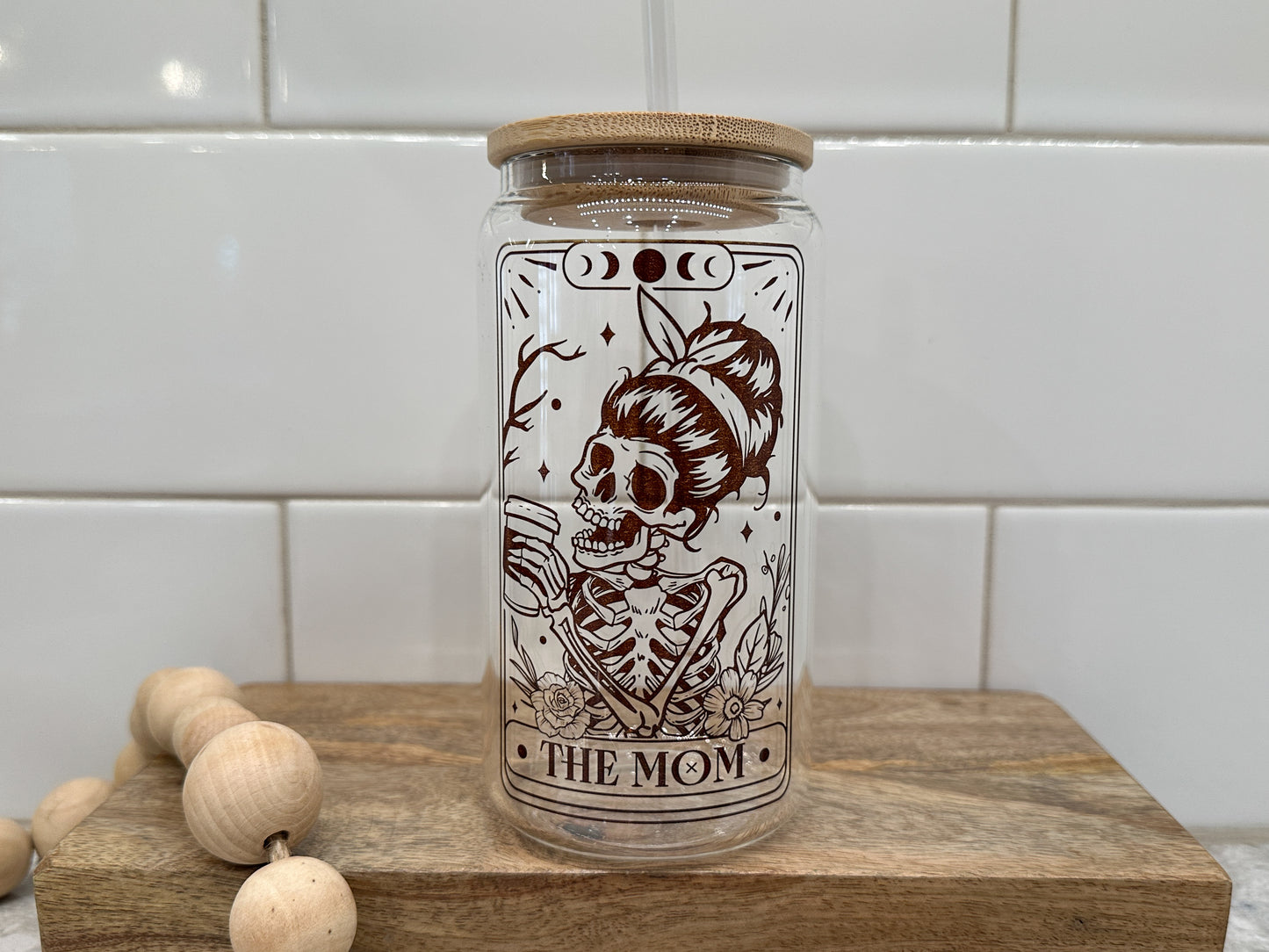 The Mom | Tarot Card Collection |  16oz Can Glass with Bamboo Lid | Clear Glass Drinkware
