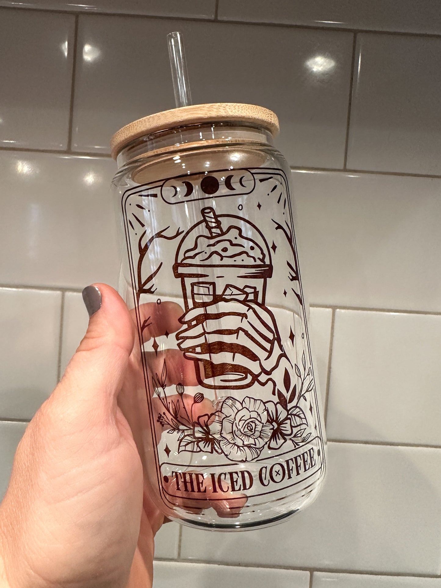 The Iced Coffee | Tarot Card Collection |  16oz Can Glass with Bamboo Lid | Clear Glass Drinkware