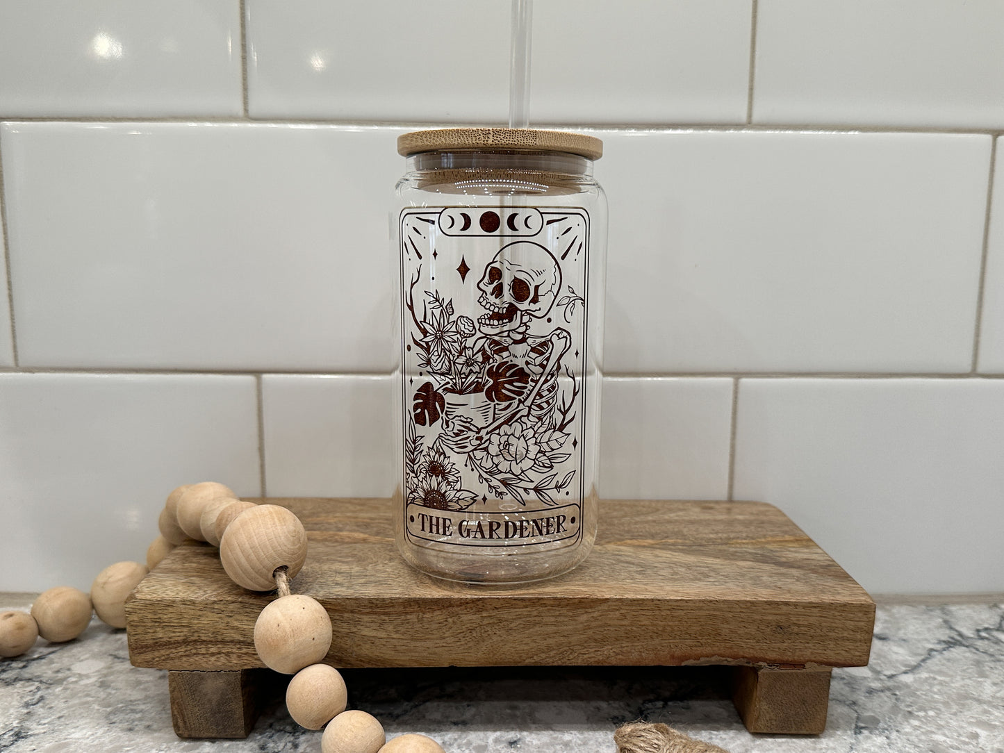 The Gardener | Tarot Card Collection |  16oz Can Glass with Bamboo Lid | Clear Glass Drinkware