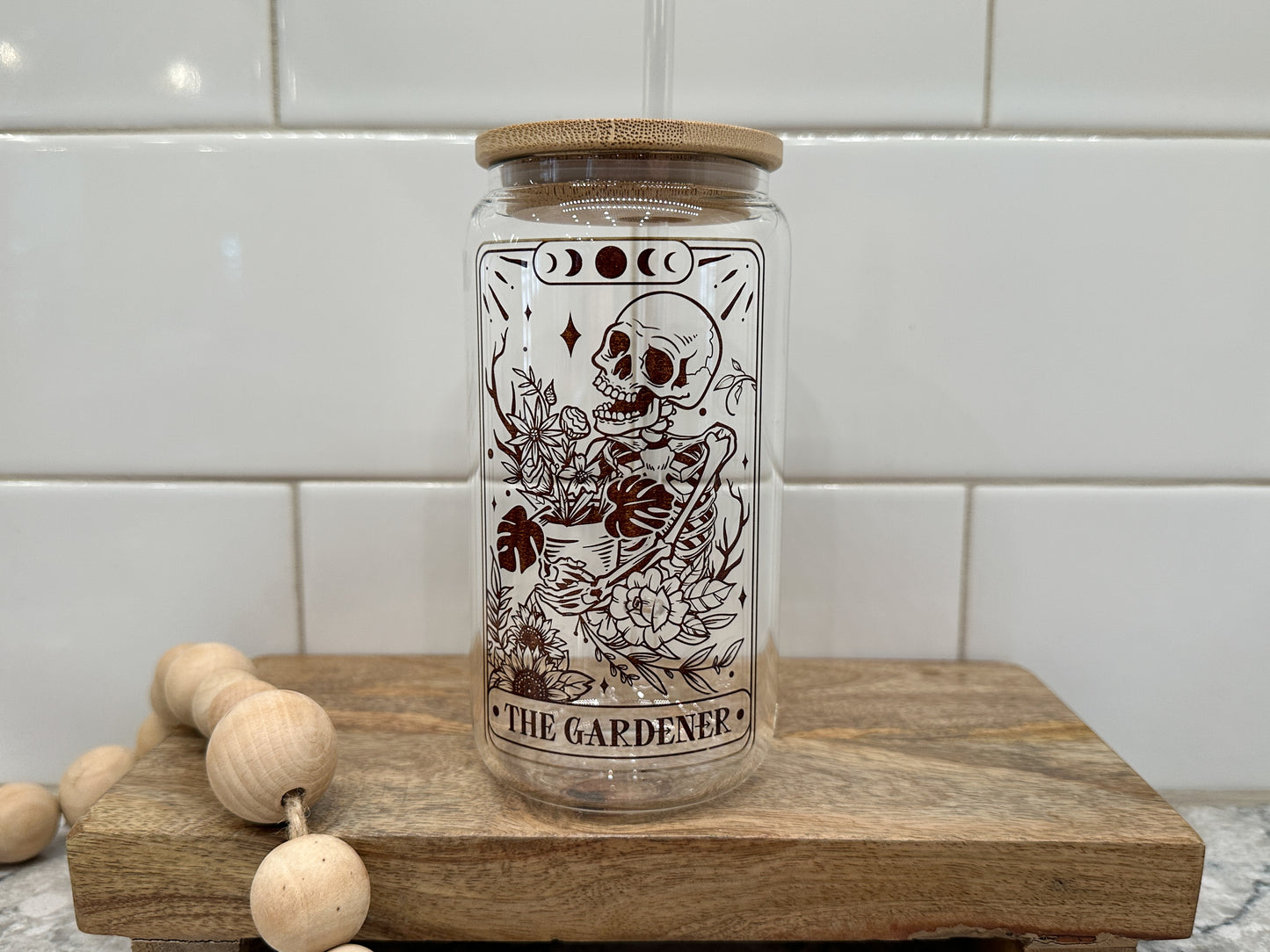 The Gardener | Tarot Card Collection |  16 oz Can Glass with Bamboo Lid | Clear Glass Drinkware