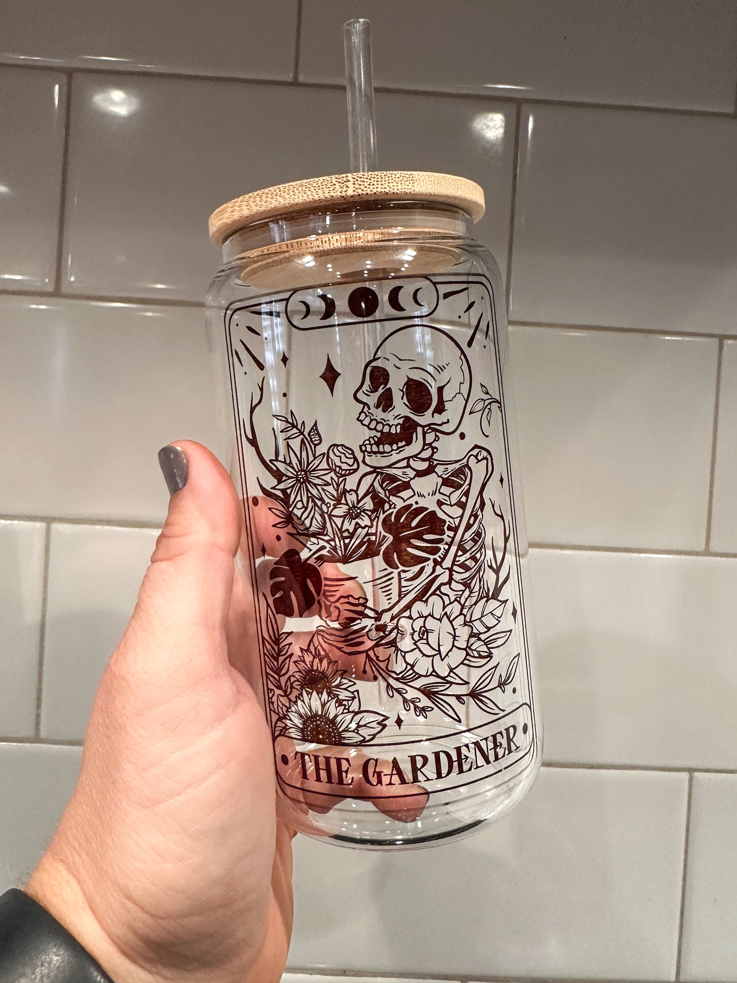 The Gardener | Tarot Card Collection |  16 oz Can Glass with Bamboo Lid | Clear Glass Drinkware