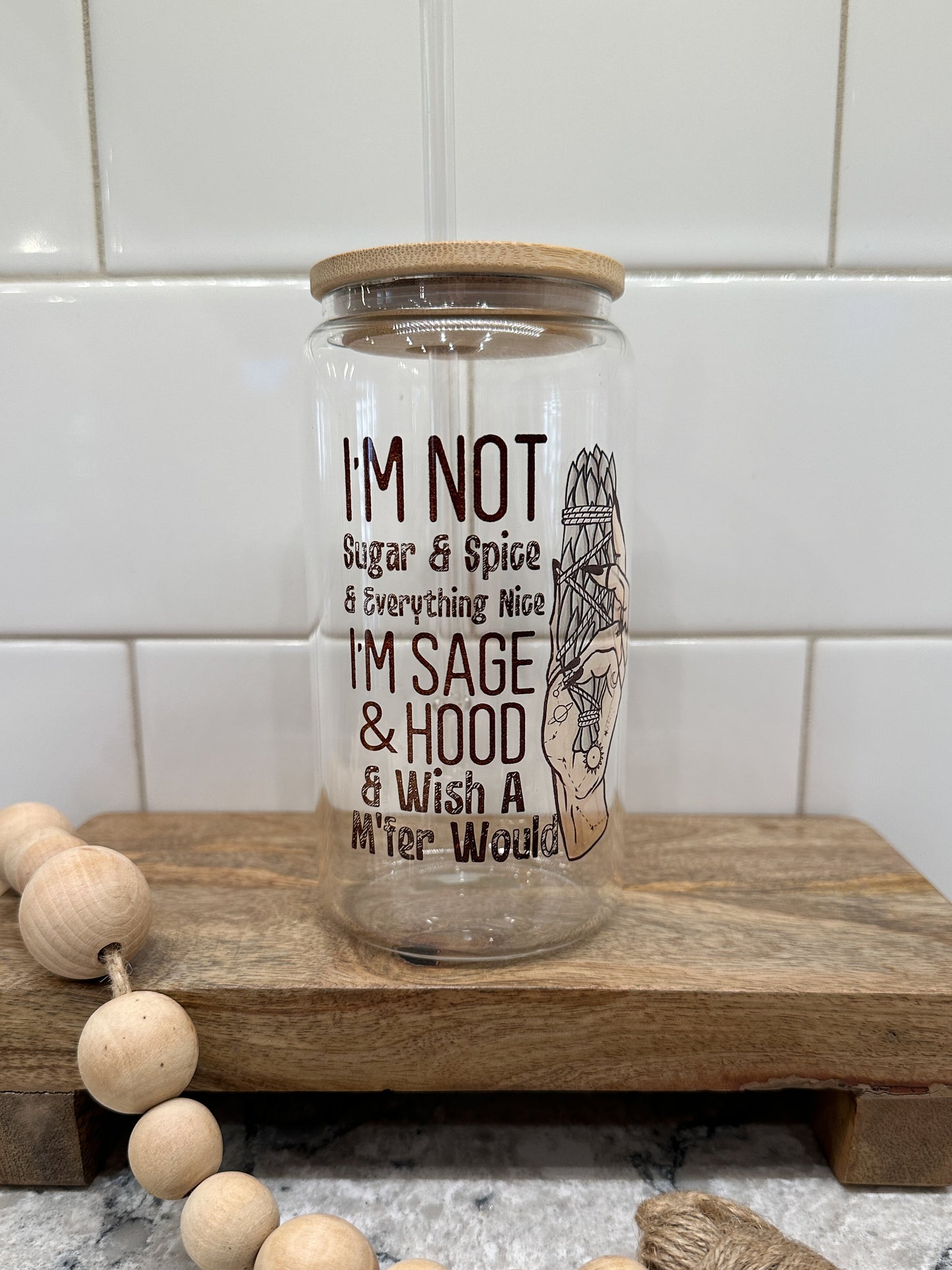 Sage & Hood |  16oz Can Glass with Bamboo Lid | Clear Glass Drinkware | Iced Coffee Lover