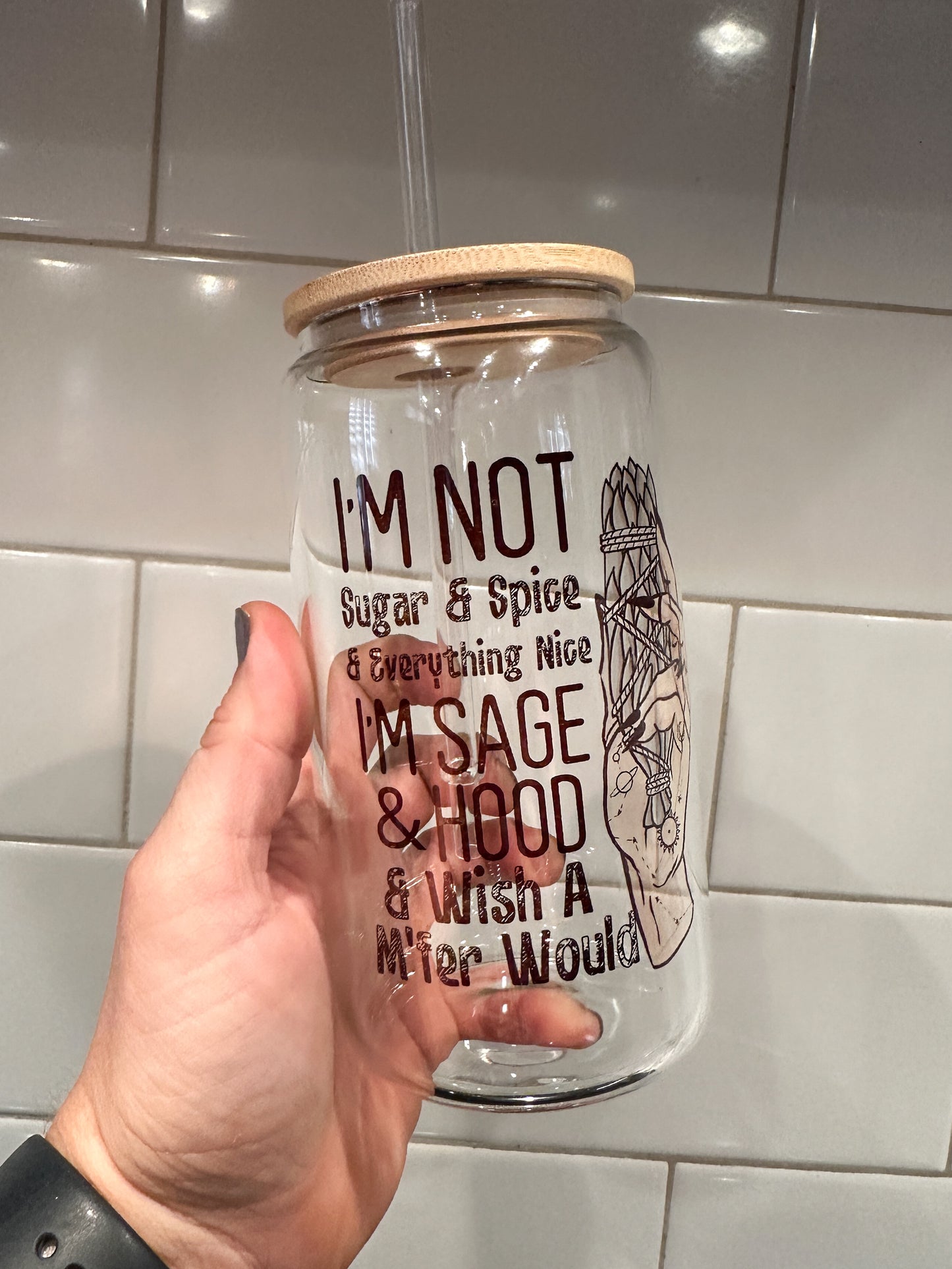 Sage & Hood |  16oz Can Glass with Bamboo Lid | Clear Glass Drinkware | Iced Coffee Lover