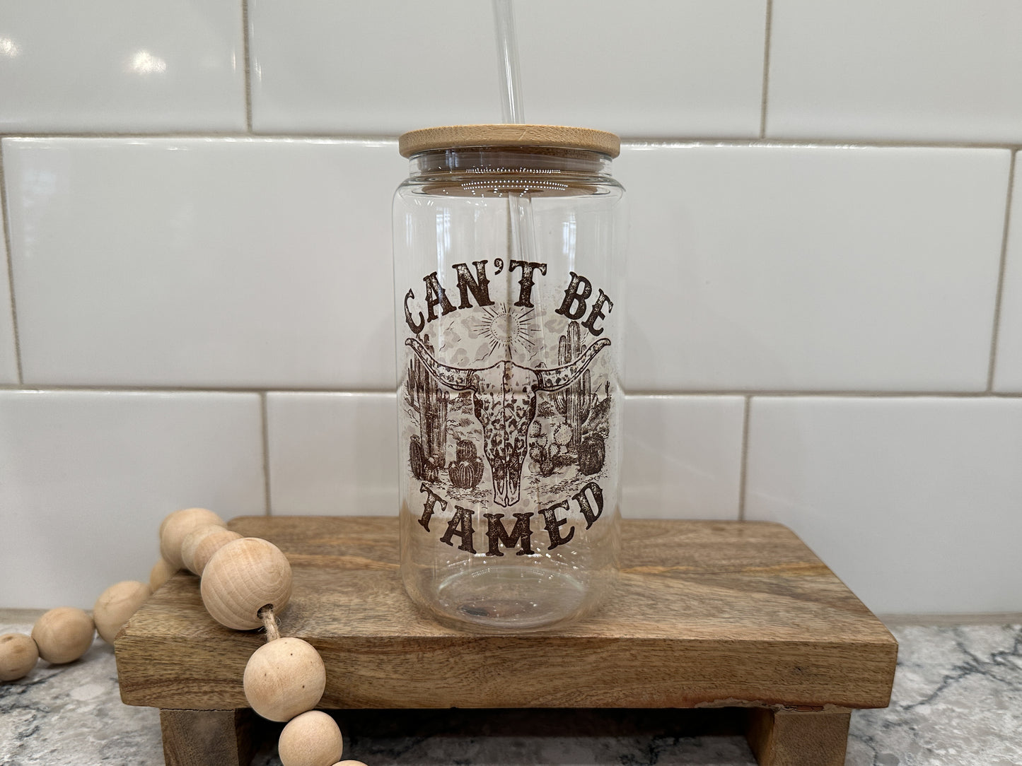 Can't Be Tamed | Western | 16oz Can Glass with Bamboo Lid | Clear Glass Drinkware | Iced Coffee Lover