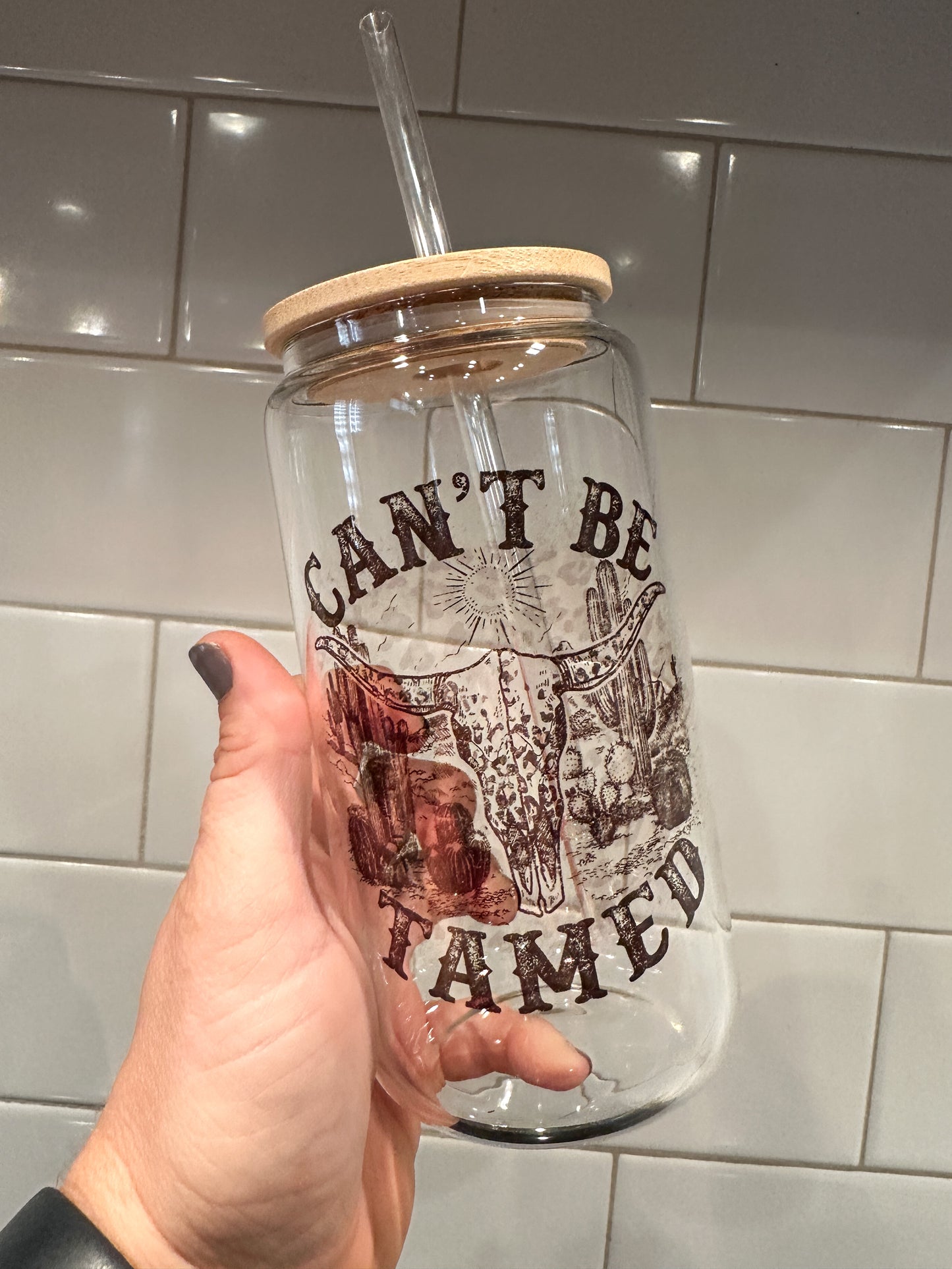 Can't Be Tamed | Western | 16oz Can Glass with Bamboo Lid | Clear Glass Drinkware | Iced Coffee Lover