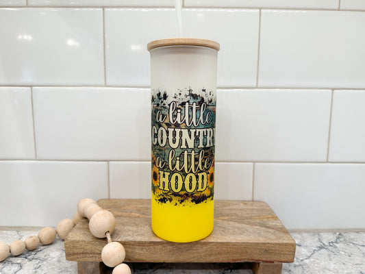 A Little Country A Little Hood | 25 oz Glass Tumbler with Bamboo Lid | Frosted Yellow Glass | Iced Coffee Lover