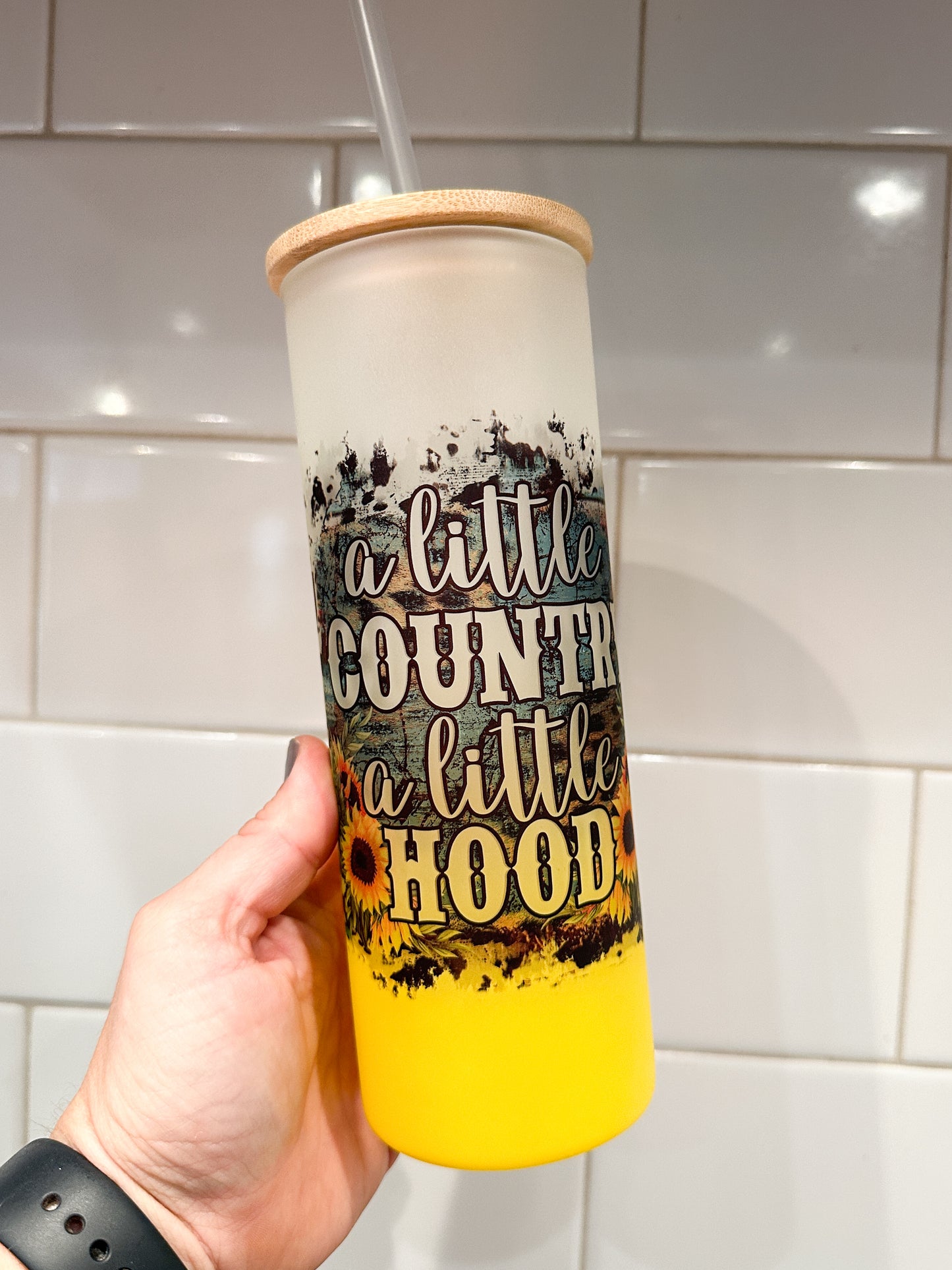 A Little Country A Little Hood | 25 oz Glass Tumbler with Bamboo Lid | Frosted Yellow Glass | Iced Coffee Lover