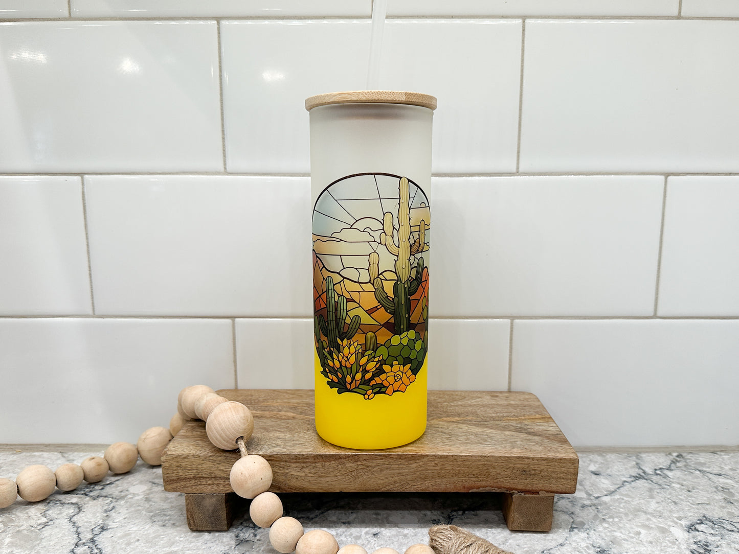 Cactus Sunset Stained Glass | 25 oz Glass Tumbler with Bamboo Lid | Frosted Yellow Glass | Iced Coffee Lover