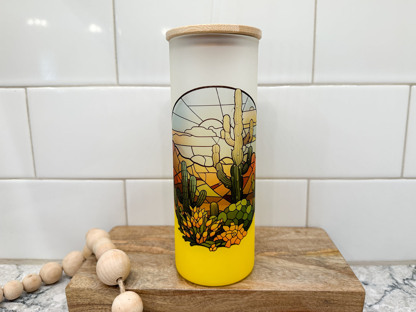 Cactus Sunset Stained Glass | 25 oz Glass Tumbler with Bamboo Lid | Frosted Yellow Glass | Iced Coffee Lover