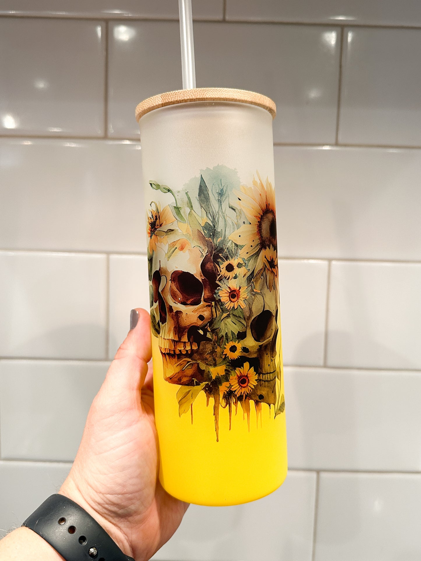 Sunflower and Skulls| 25 oz Glass Tumbler with Bamboo Lid | Frosted Yellow Glass | Iced Coffee Lover
