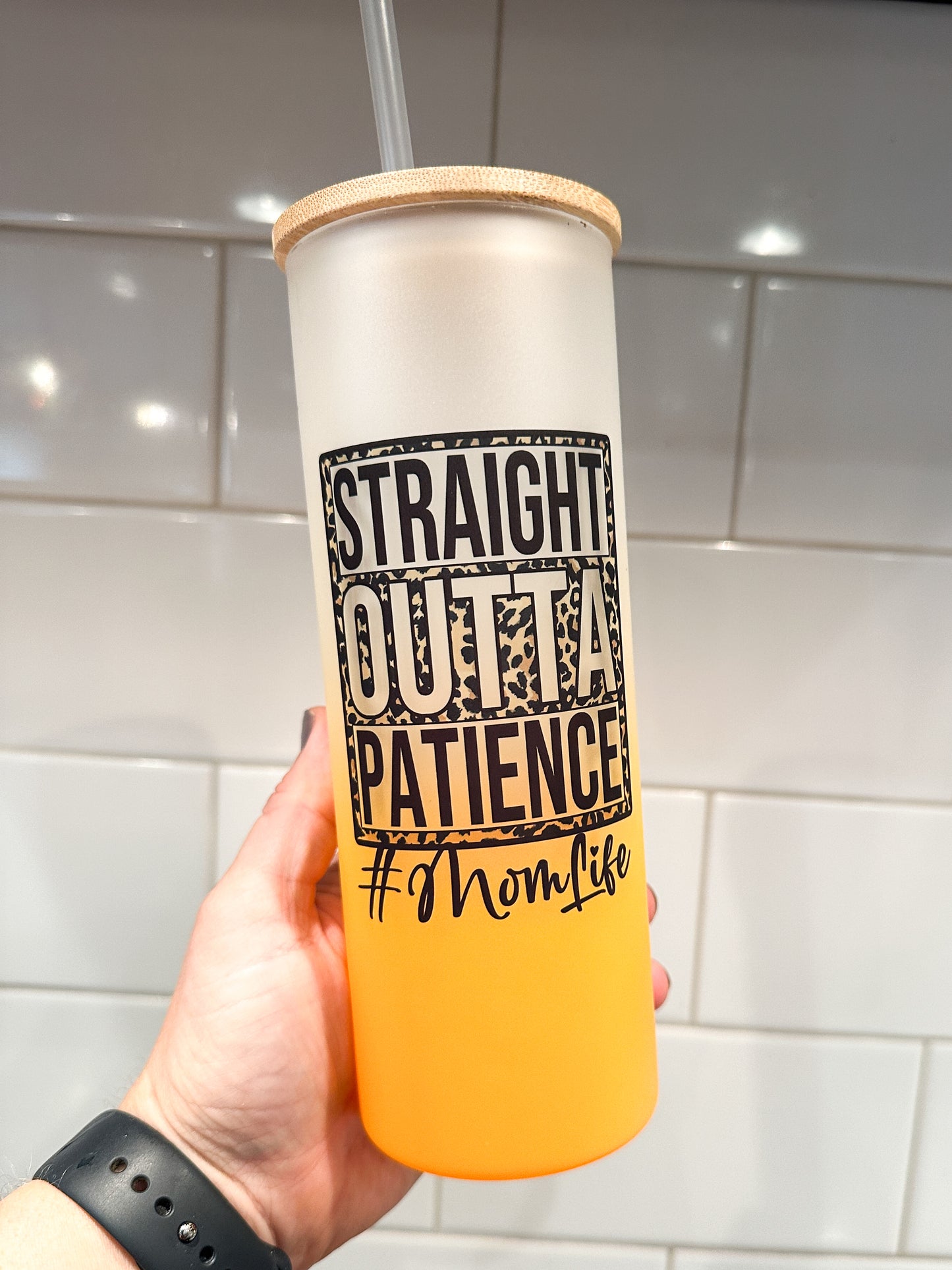 Straight Outta Patience | Mom Life | 25 oz Glass Tumbler with Bamboo Lid | Frosted Orange *B Grade* Glass | Iced Coffee Lover