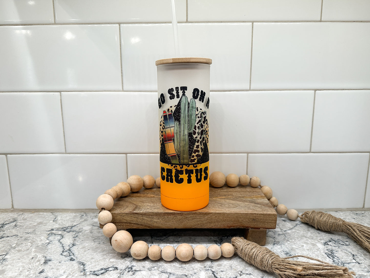 Go Sit On A Cactus | 25 oz Glass Tumbler with Bamboo Lid | Frosted Orange Glass | Iced Coffee Lover *B GRADE*