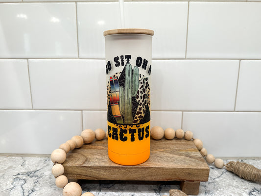 Go Sit On A Cactus | 25 oz Glass Tumbler with Bamboo Lid | Frosted Orange Glass | Iced Coffee Lover *B GRADE*