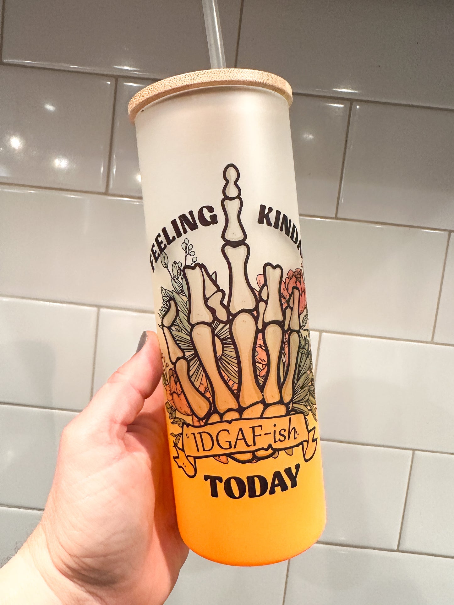 Feeling IDGAF-ish | 25 oz Glass Tumbler with Bamboo Lid | Frosted Orange Glass | Iced Coffee Lover