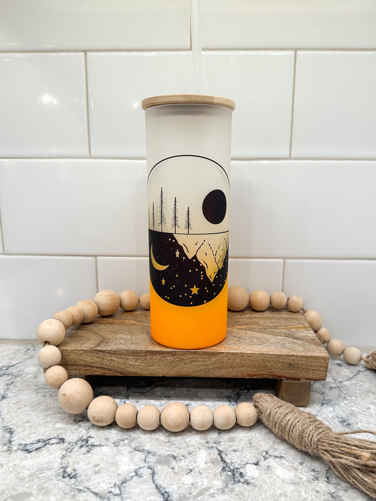 Moon Phases | Mountain | 25 oz Glass Tumbler with Bamboo Lid | Frosted Orange Glass | Iced Coffee Lover