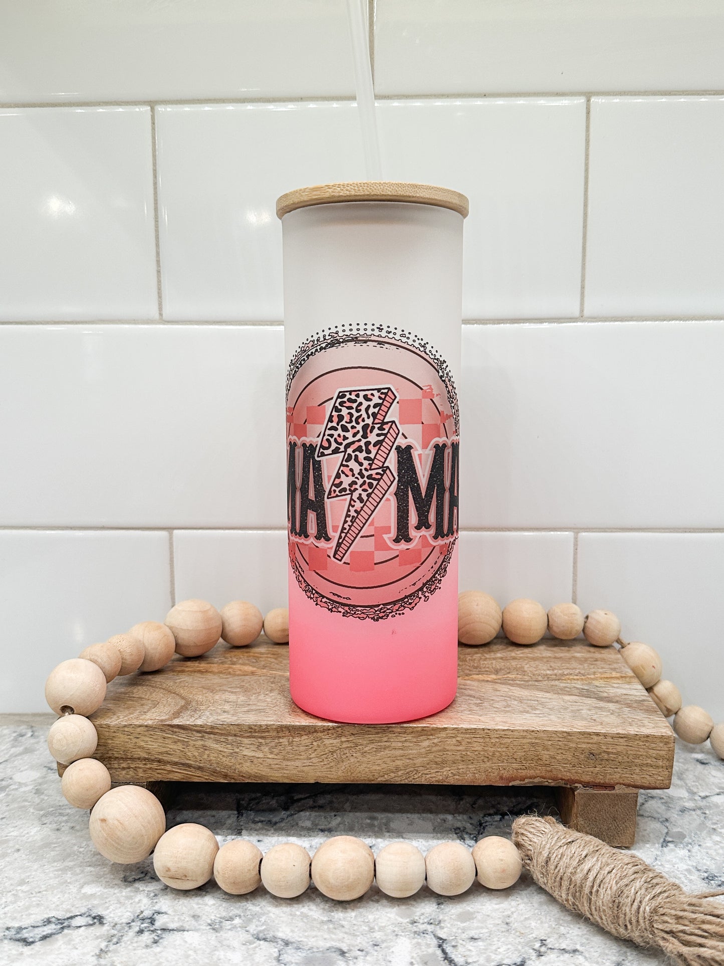 Mama Leopard Lightning | 25 oz Glass Tumbler with Bamboo Lid | Frosted Pink Glass | Iced Coffee Lover
