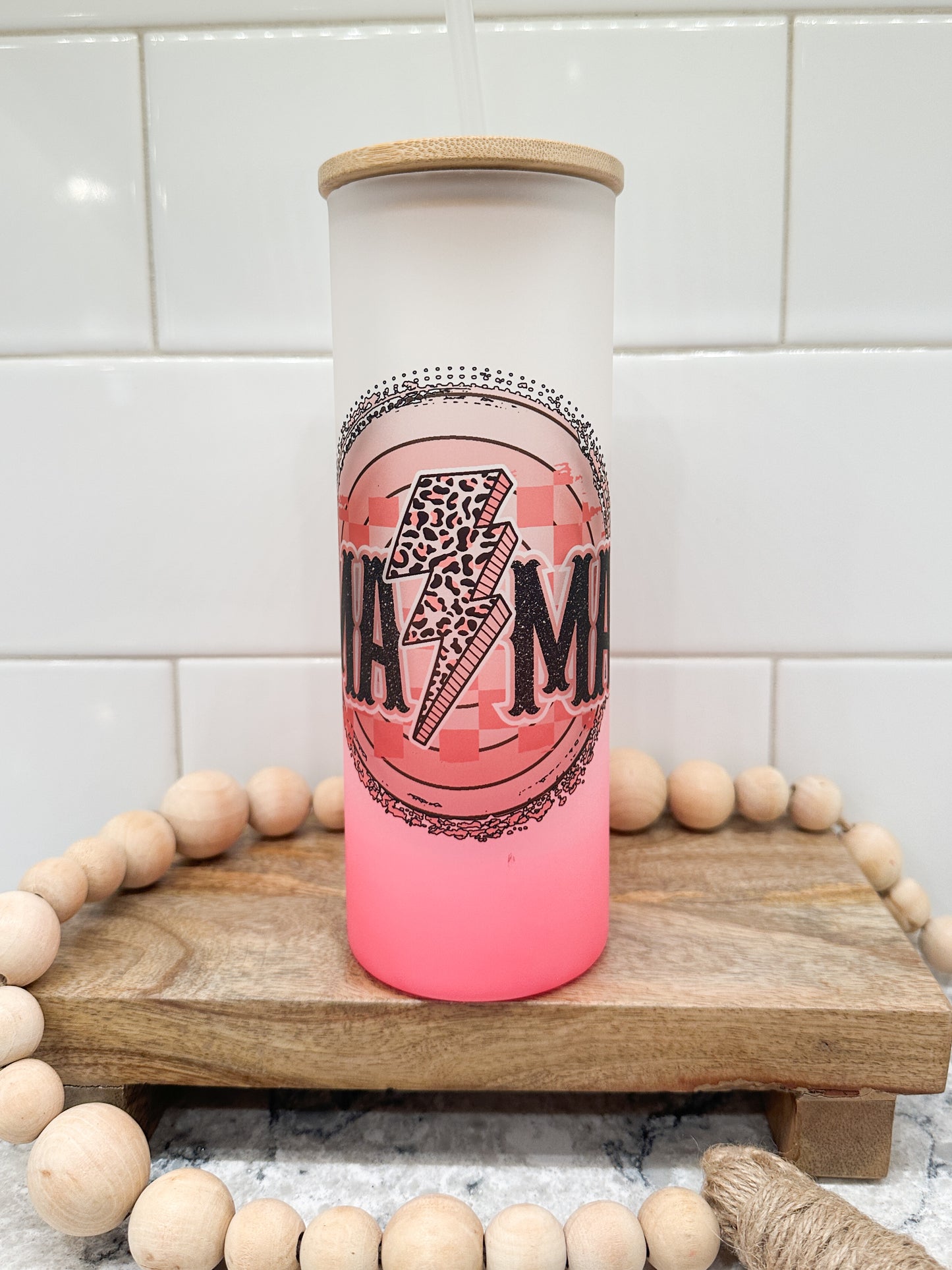 Mama Leopard Lightning | 25 oz Glass Tumbler with Bamboo Lid | Frosted Pink Glass | Iced Coffee Lover