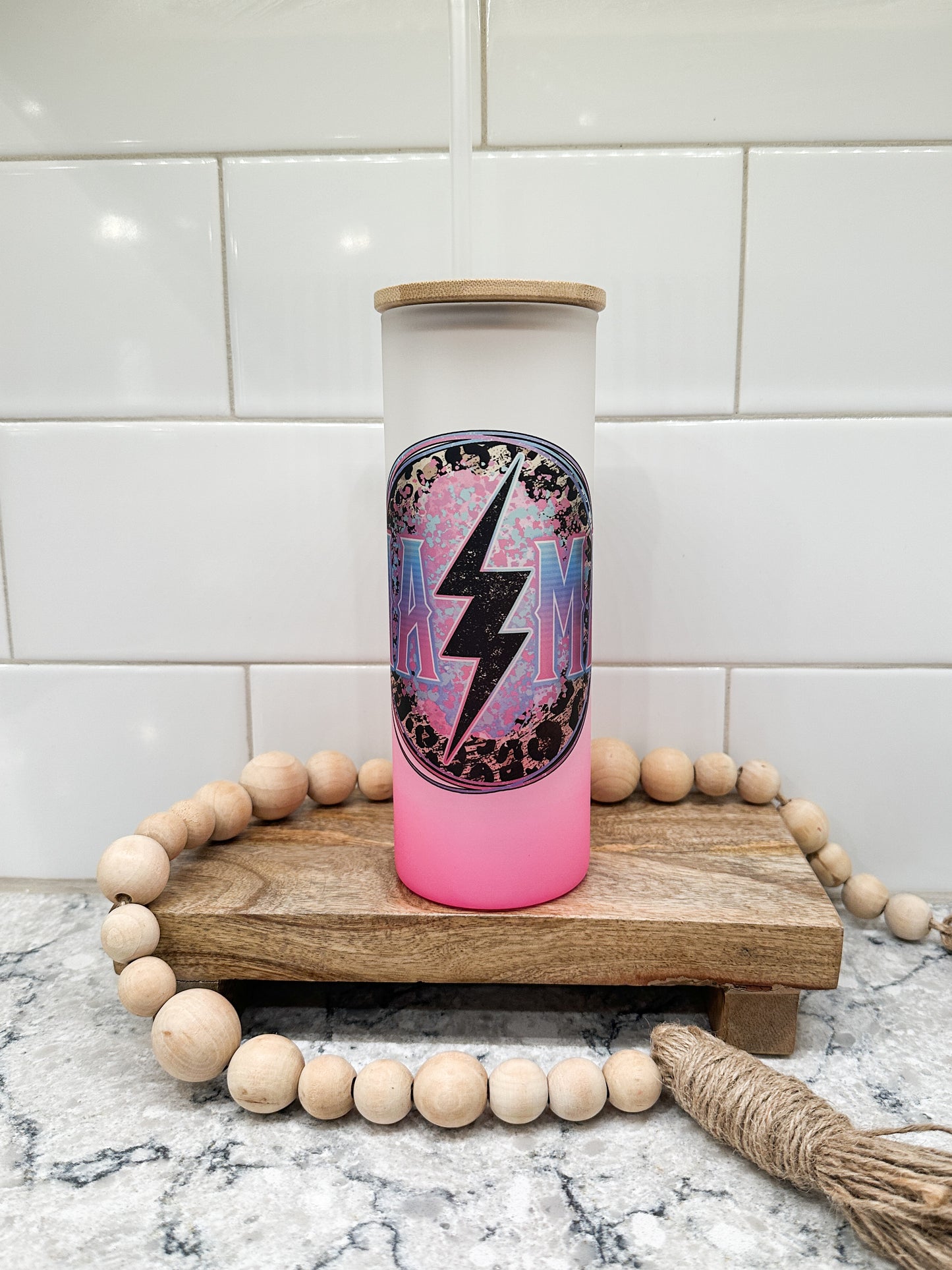 Mama Grunge Lightning | 25 oz Glass Tumbler with Bamboo Lid | Frosted Pink Glass | Iced Coffee Lover