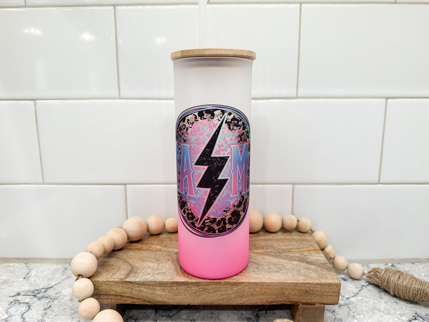 Mama Grunge Lightning | 25 oz Glass Tumbler with Bamboo Lid | Frosted Pink Glass | Iced Coffee Lover