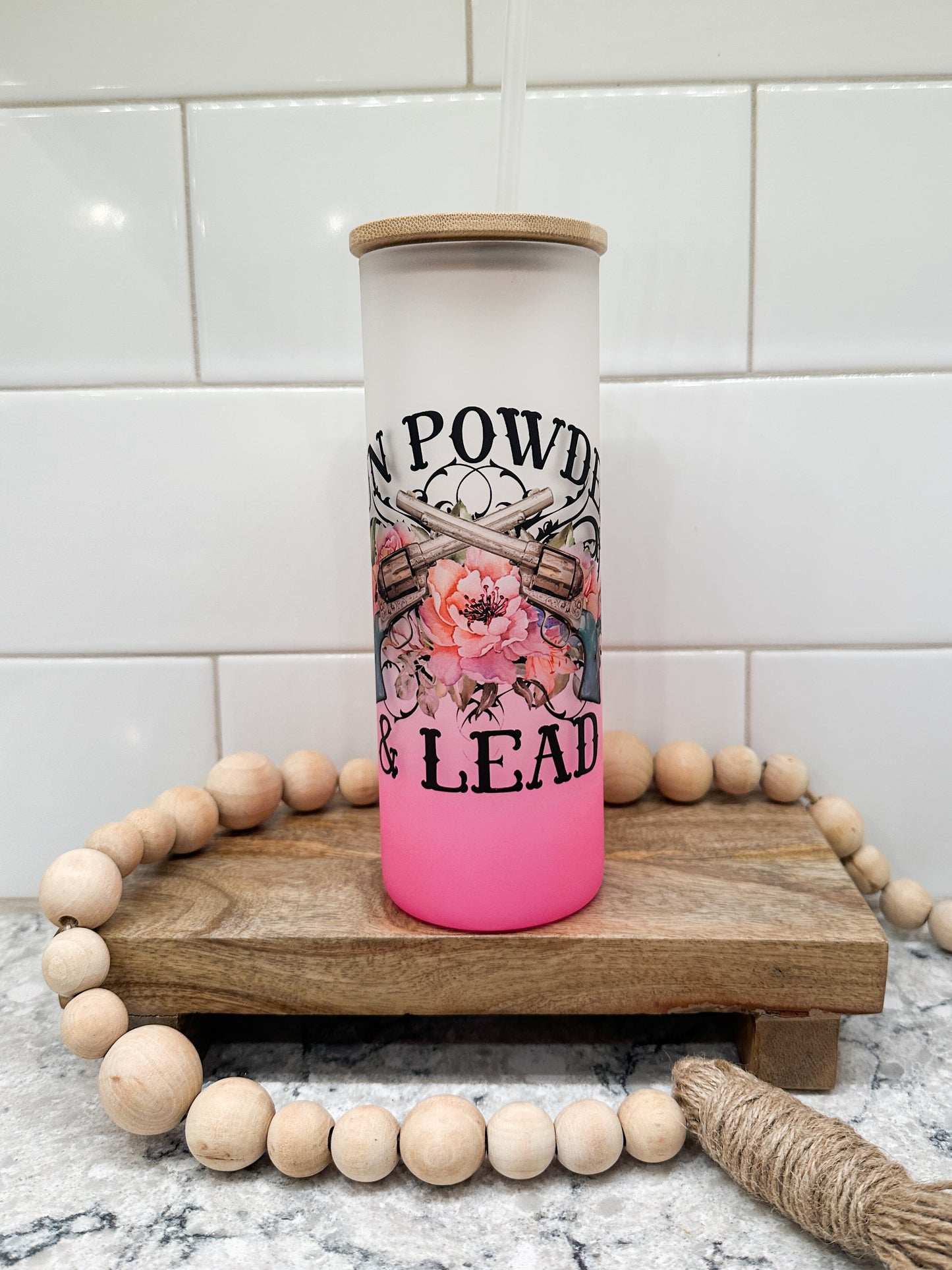 Gun Powder and Lead | Cowgril Pretty | 25 oz Glass Tumbler with Bamboo Lid | Frosted Pink Glass | Iced Coffee Lover