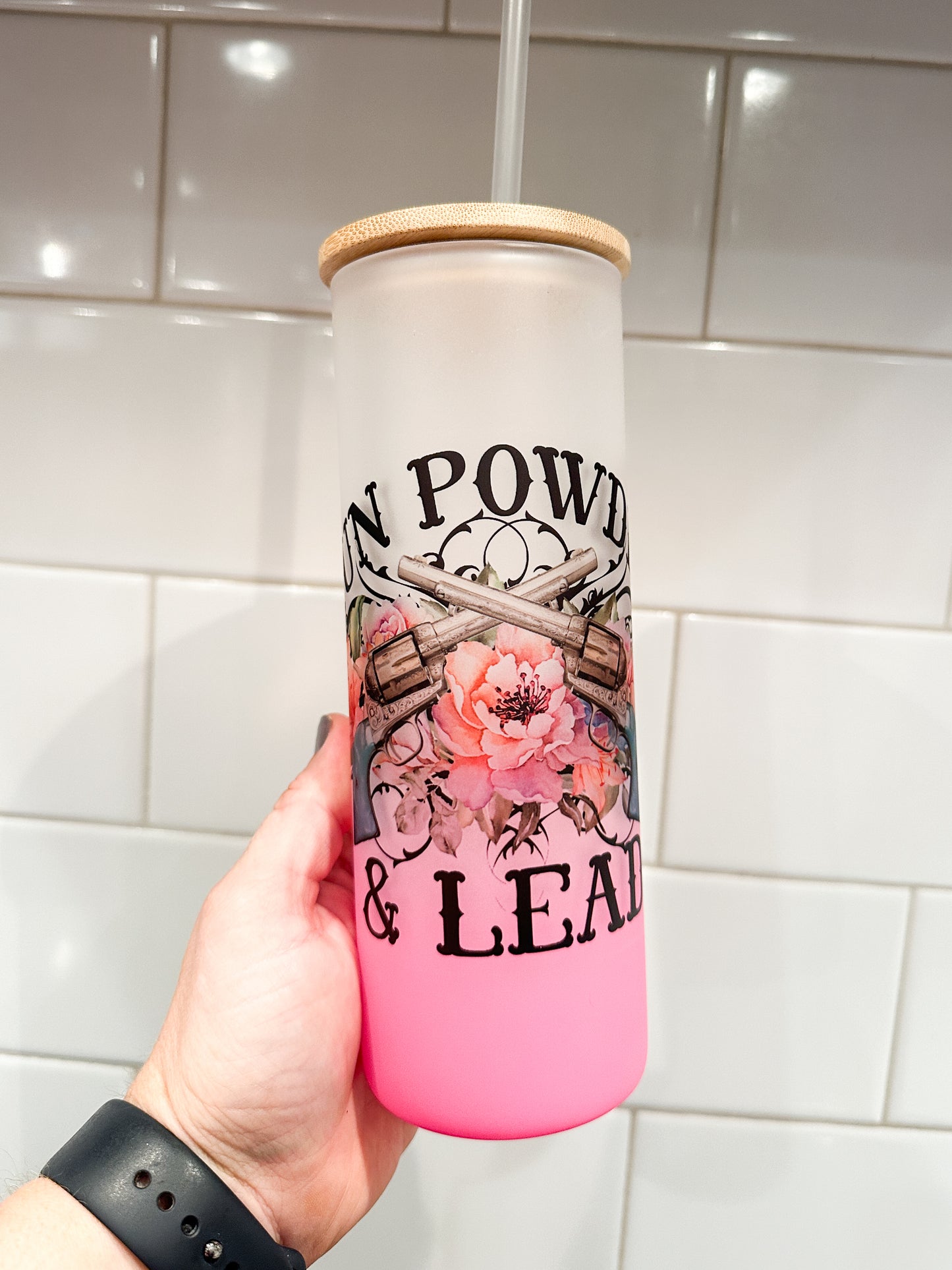 Gun Powder and Lead | Cowgril Pretty | 25 oz Glass Tumbler with Bamboo Lid | Frosted Pink Glass | Iced Coffee Lover