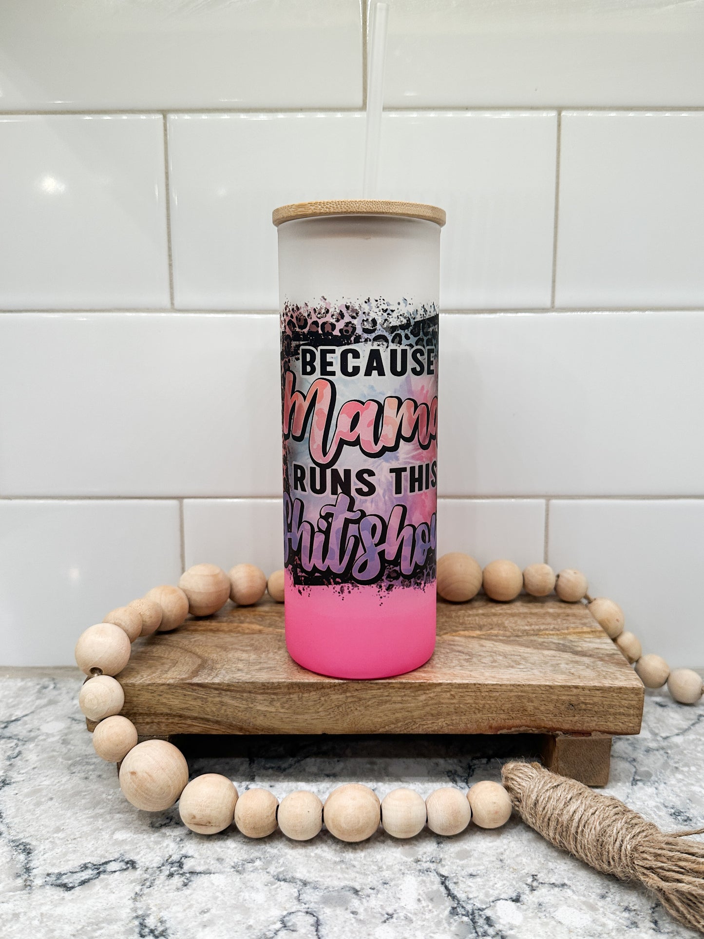 Mama Runs This Shitshow | 25 oz Glass Tumbler with Bamboo Lid | Frosted Pink Glass | Iced Coffee Lover