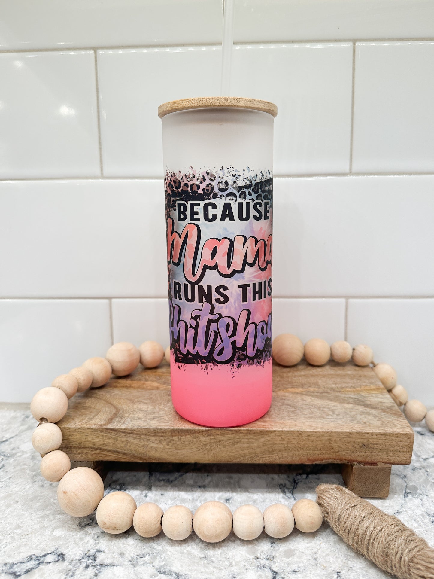 Mama Runs This Shitshow | 25 oz Glass Tumbler with Bamboo Lid | Frosted Pink Glass | Iced Coffee Lover