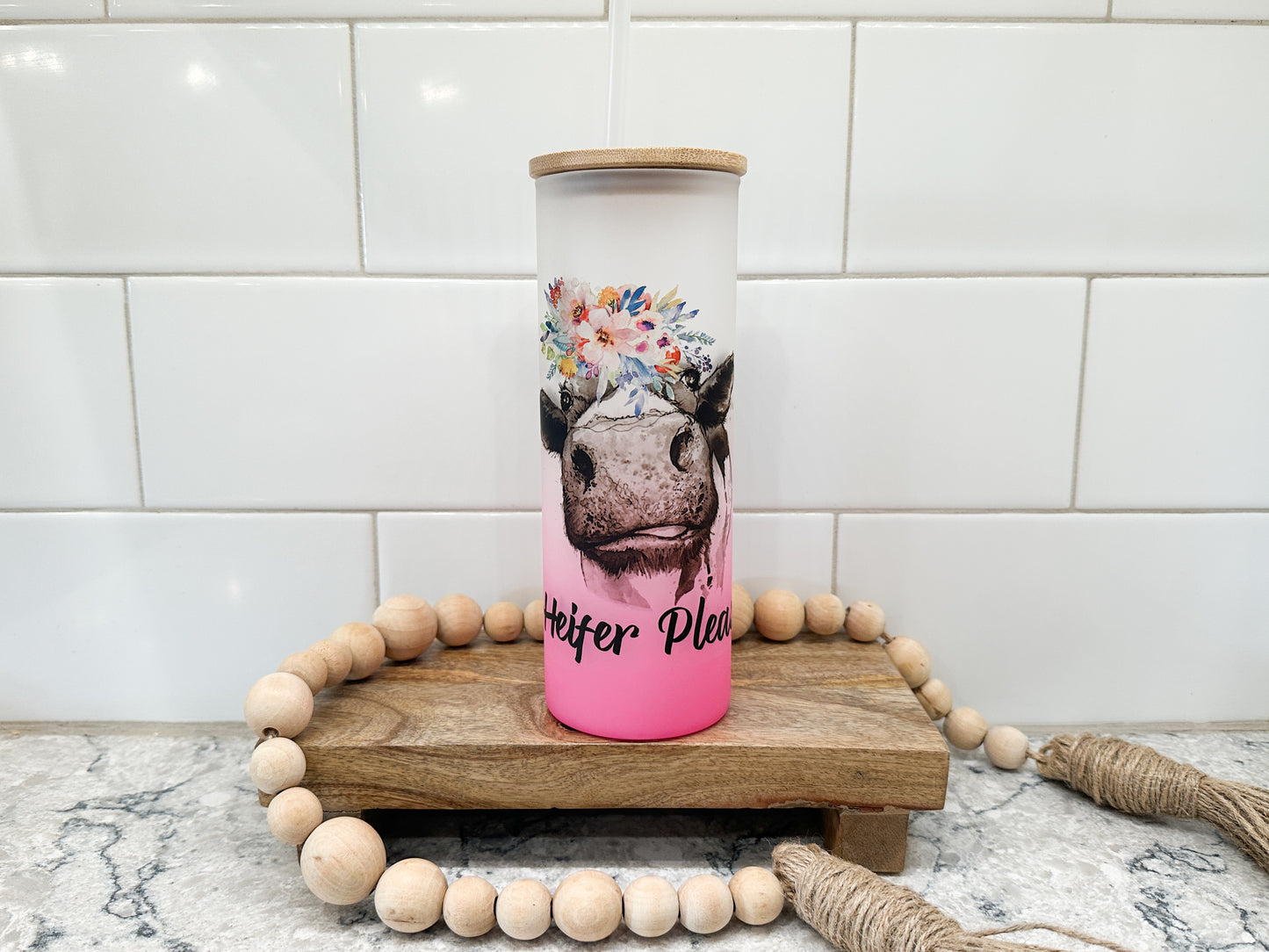 Heifer Please | 25 oz Glass Tumbler with Bamboo Lid | Frosted Pink Glass | Iced Coffee Lover