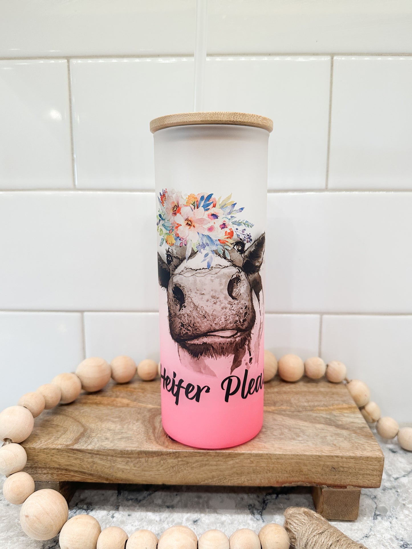 Heifer Please | 25 oz Glass Tumbler with Bamboo Lid | Frosted Pink Glass | Iced Coffee Lover