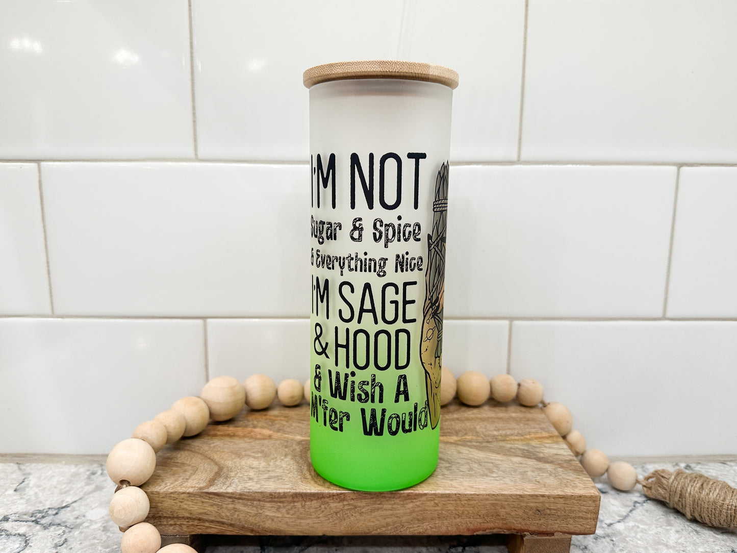 Sage & Hood | 25 oz Glass Tumbler with Bamboo Lid | Frosted Green Glass | Iced Coffee Lover