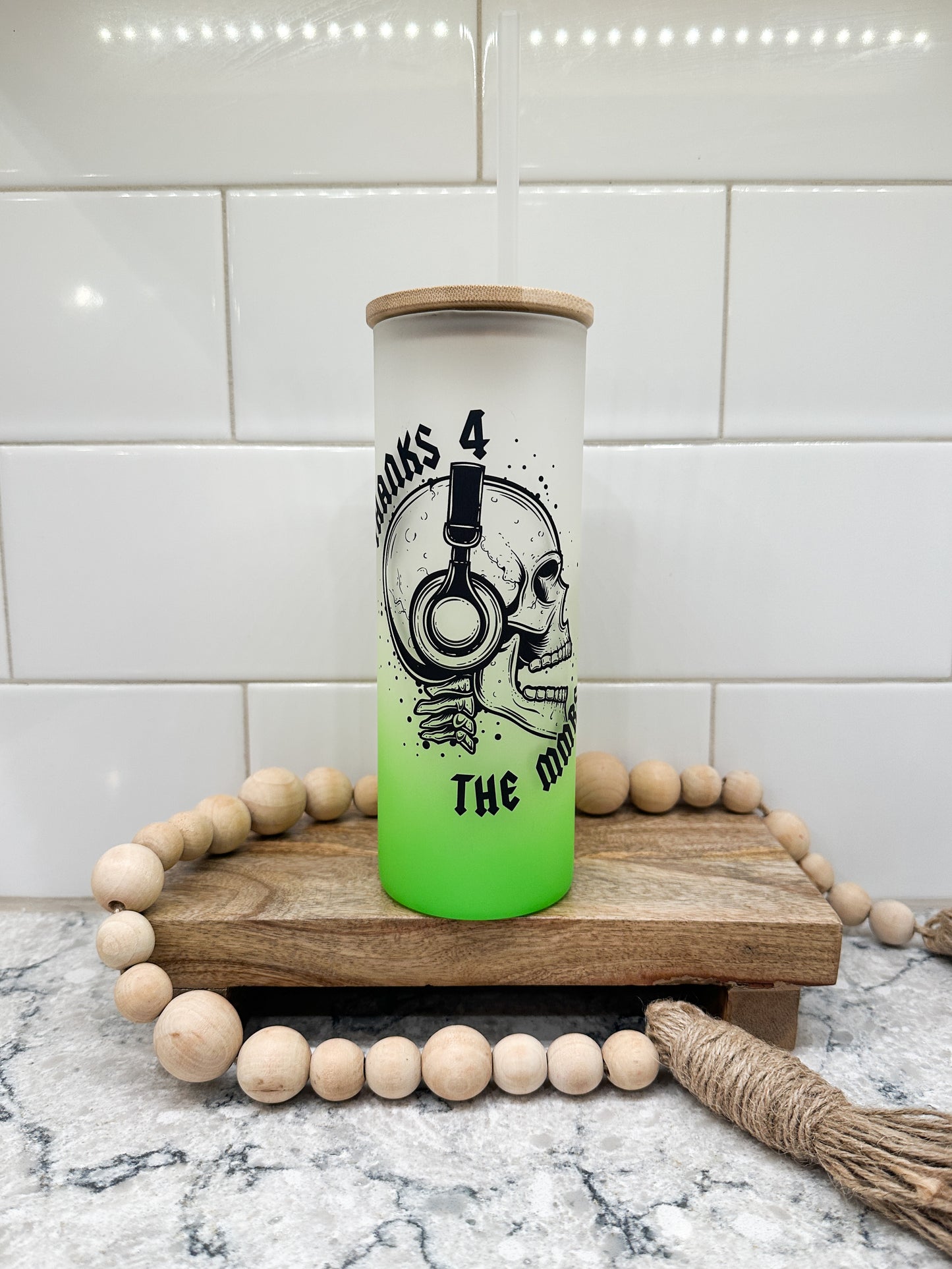 Thanks 4 the MMRS | Skull | 25 oz Glass Tumbler with Bamboo Lid | Frosted Green Glass | Iced Coffee Lover