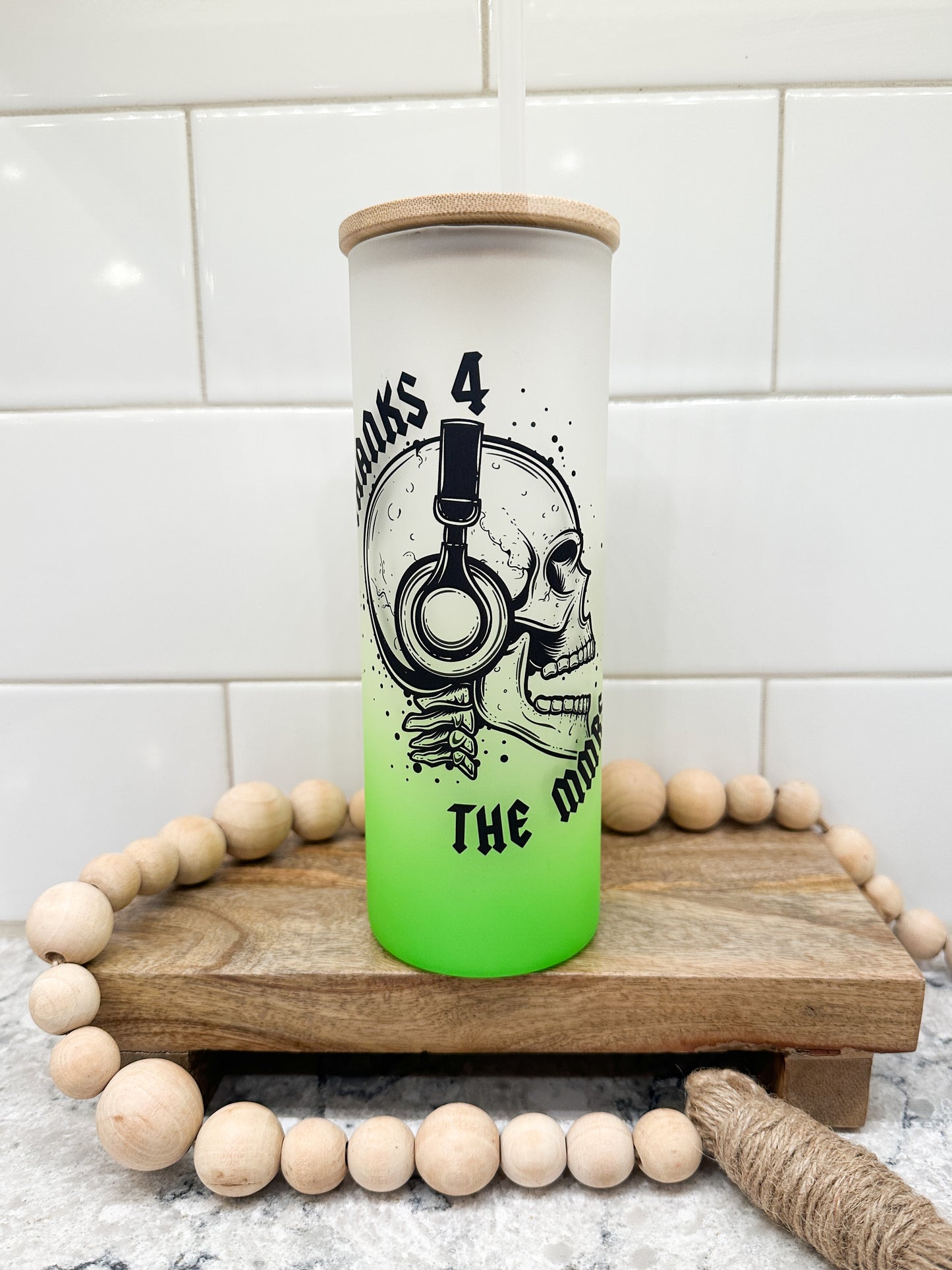 Thanks 4 the MMRS | Skull | 25 oz Glass Tumbler with Bamboo Lid | Frosted Green Glass | Iced Coffee Lover