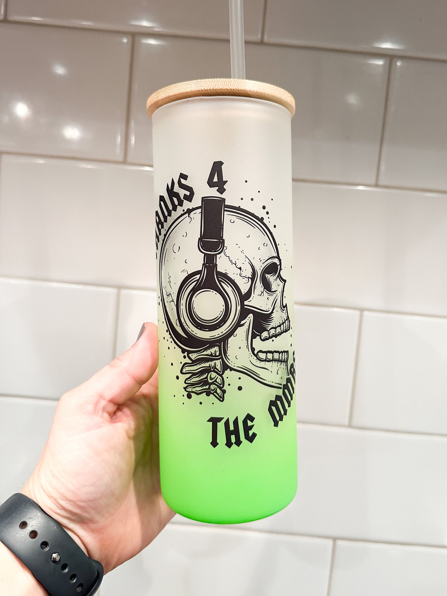 Thanks 4 the MMRS | Skull | 25 oz Glass Tumbler with Bamboo Lid | Frosted Green Glass | Iced Coffee Lover