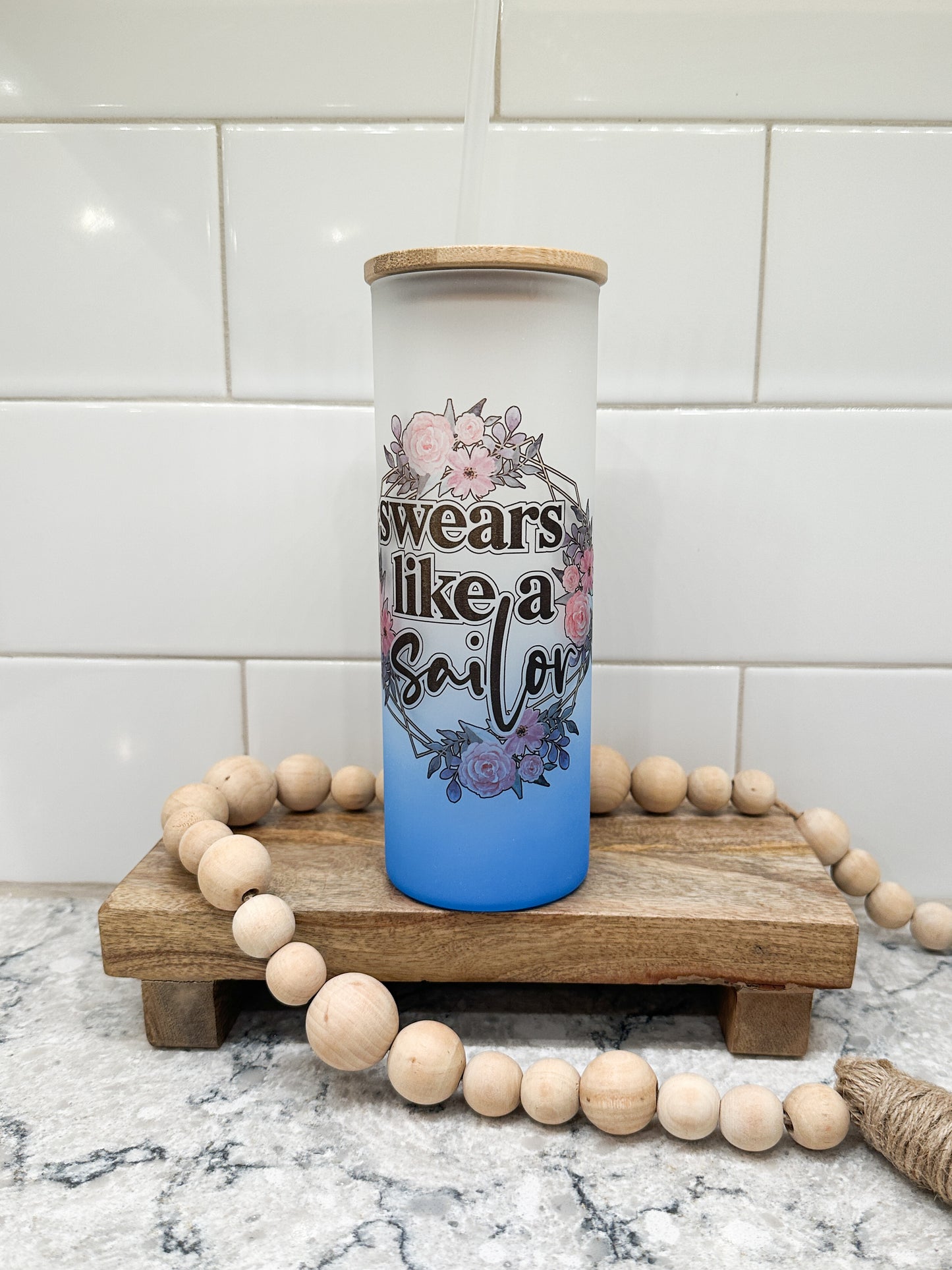 Swears Like A Sailor | 25 oz Glass Tumbler with Bamboo Lid | Frosted Blue Glass | Iced Coffee Lover
