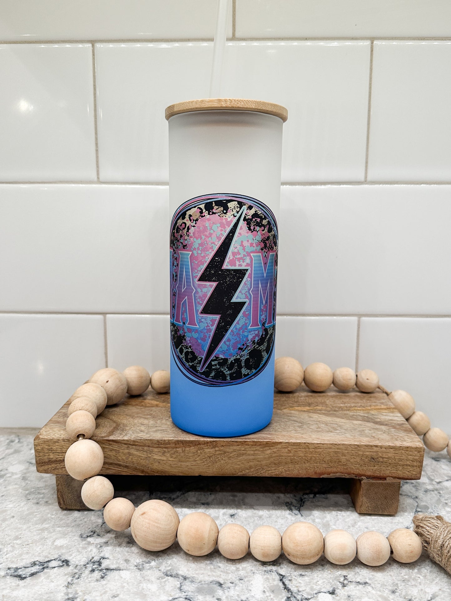 Mama Grunge Lightning | 25 oz Glass Tumbler with Bamboo Lid | Frosted Blue Glass | Iced Coffee Lover