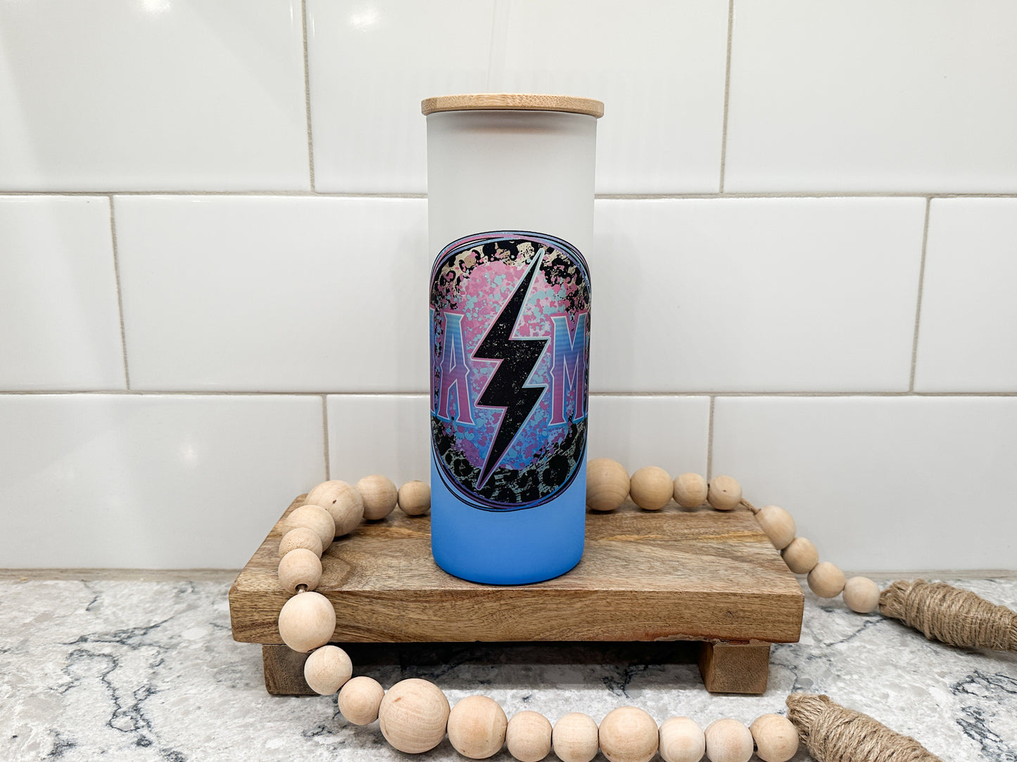 Mama Grunge Lightning | 25 oz Glass Tumbler with Bamboo Lid | Frosted Blue Glass | Iced Coffee Lover