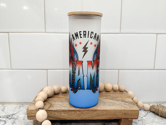 American Mama | 25 oz Glass Tumbler with Bamboo Lid | Frosted Blue Glass | Iced Coffee Lover
