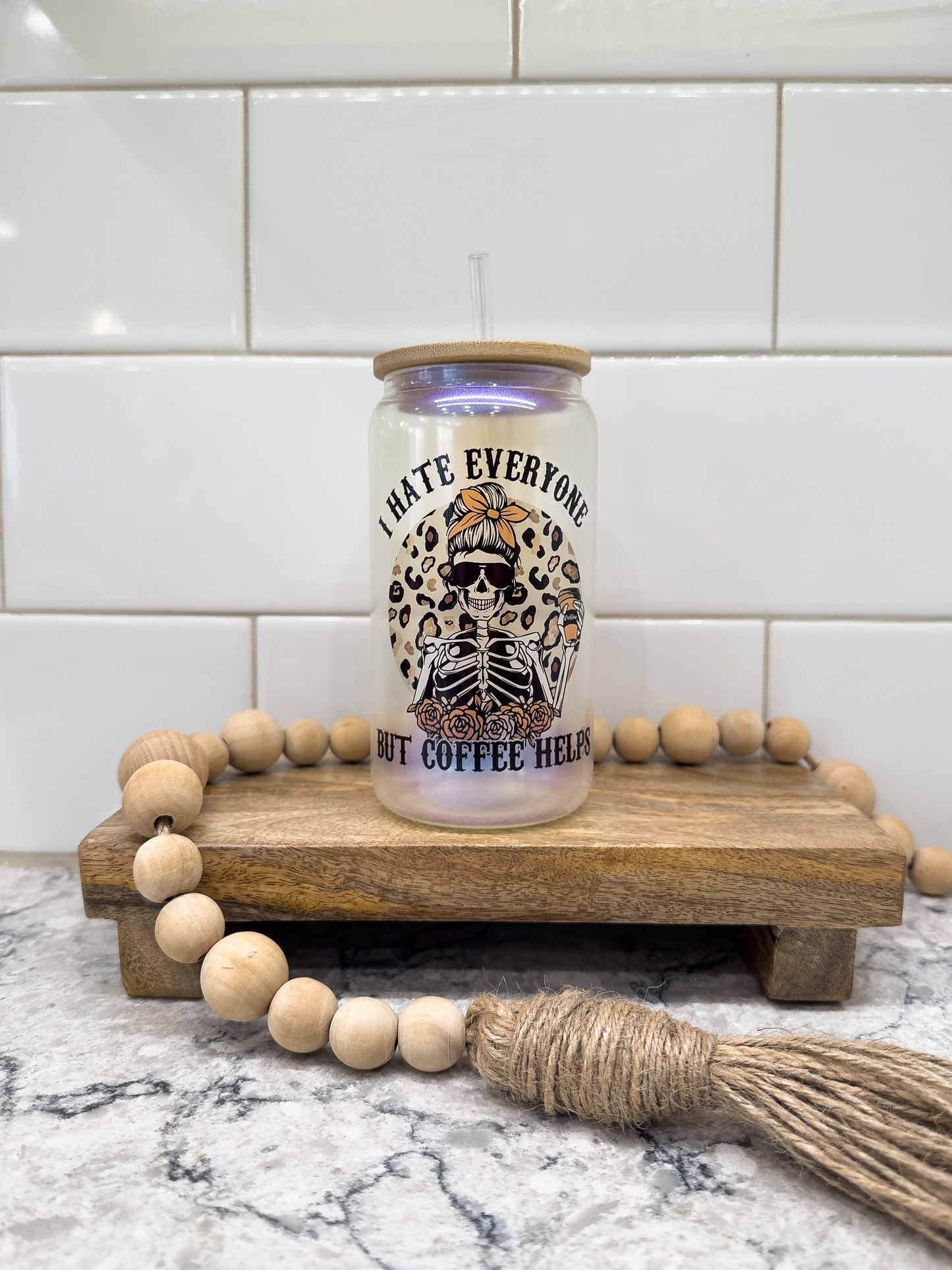 I Hate Everyone - Coffee Helps | 16 oz Can Glass with Bamboo Lid | Blue Iridescent | Glass Drinkware