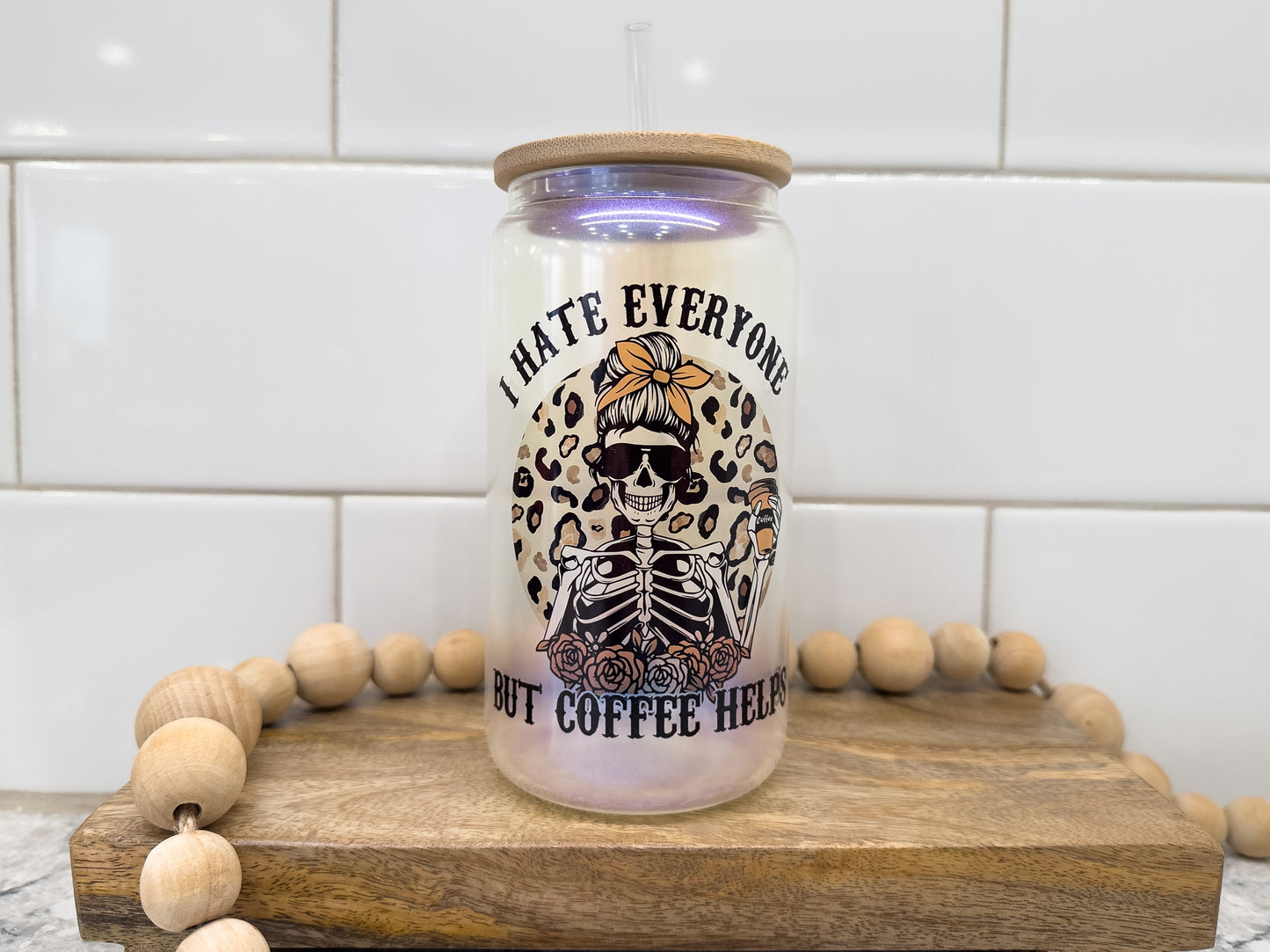 I Hate Everyone - Coffee Helps | 16 oz Can Glass with Bamboo Lid | Blue Iridescent | Glass Drinkware
