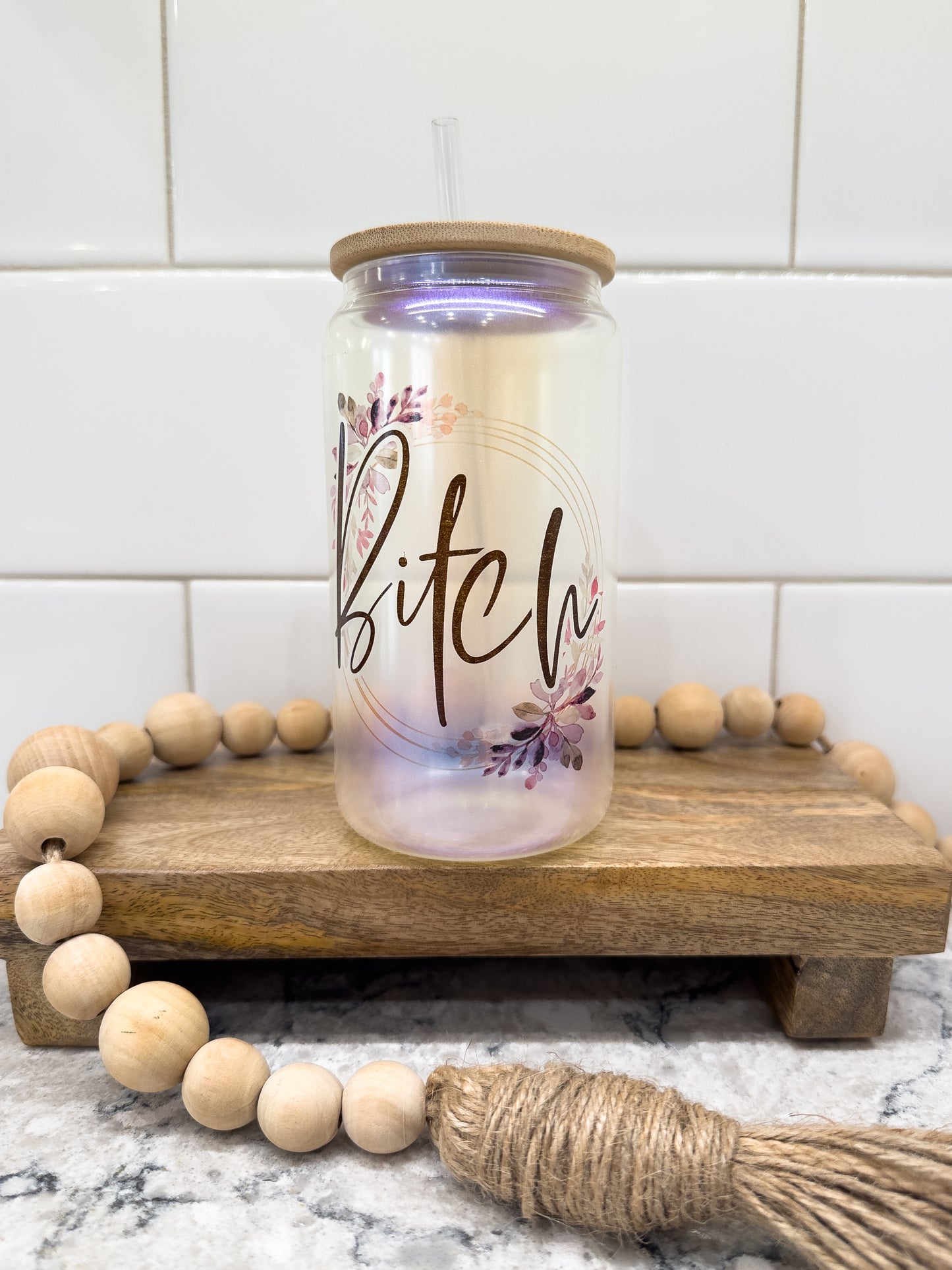 B!tch | Pretty Floral | 16 oz Can Glass with Bamboo Lid | Blue Iridescent | Glass Drinkware