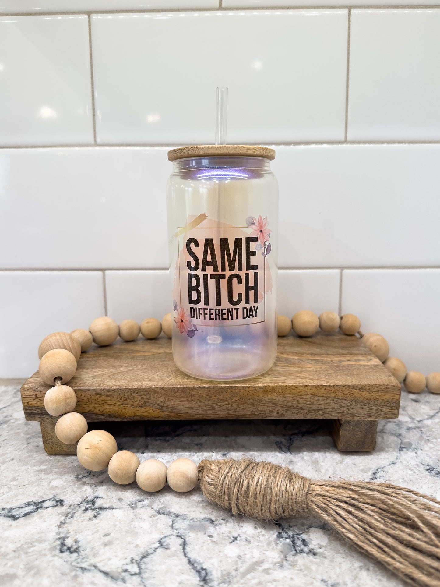 Same Bitch Different Day | 16 oz Can Glass with Bamboo Lid | Blue Iridescent | Glass Drinkware