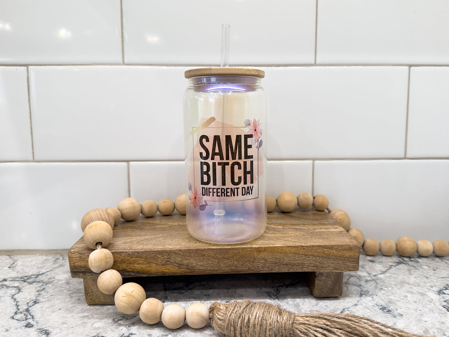 Same Bitch Different Day | 16 oz Can Glass with Bamboo Lid | Blue Iridescent | Glass Drinkware