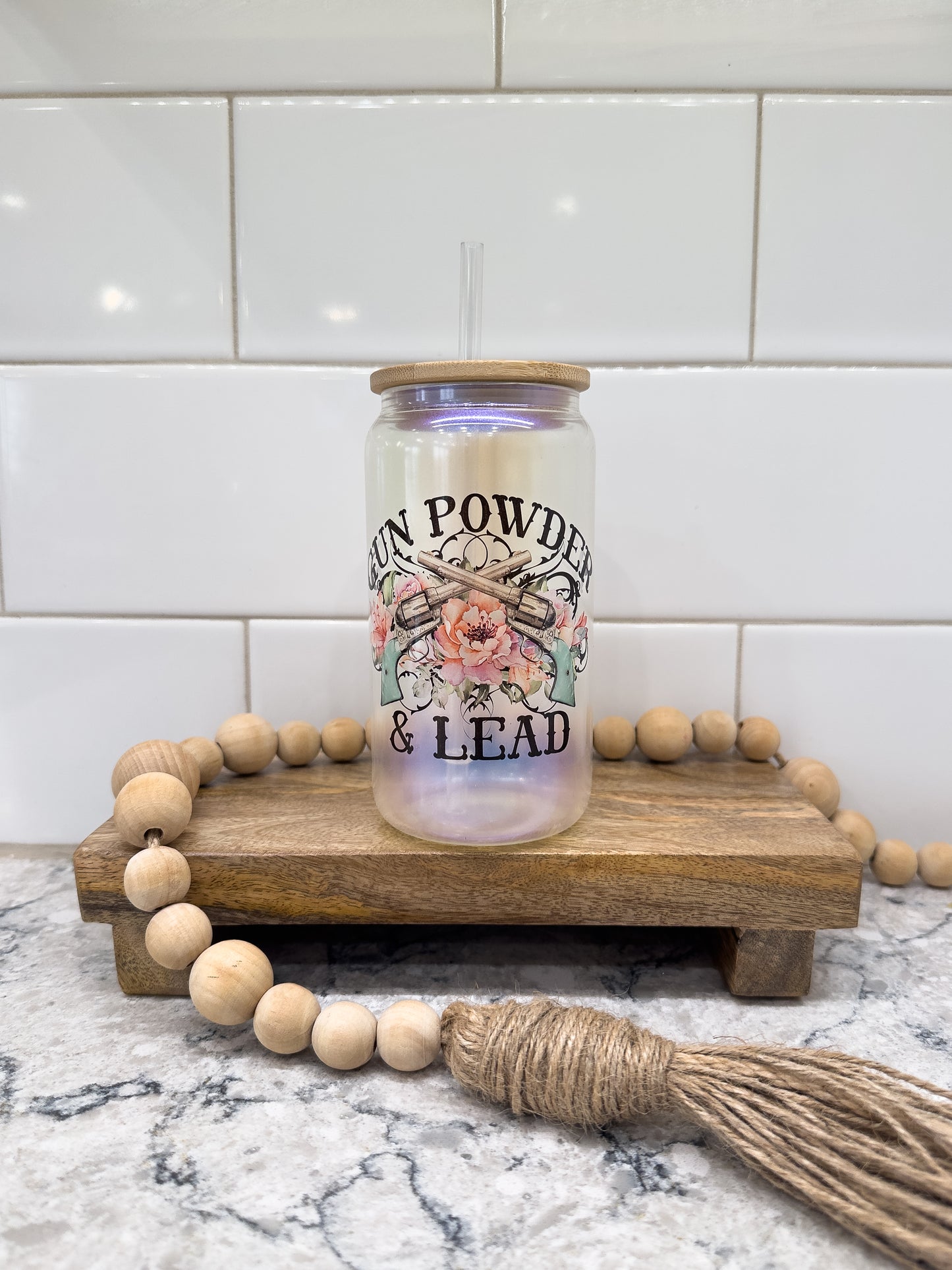 Gun Powder & Lead | 16 oz Can Glass with Bamboo Lid | Blue Iridescent | Glass Drinkware