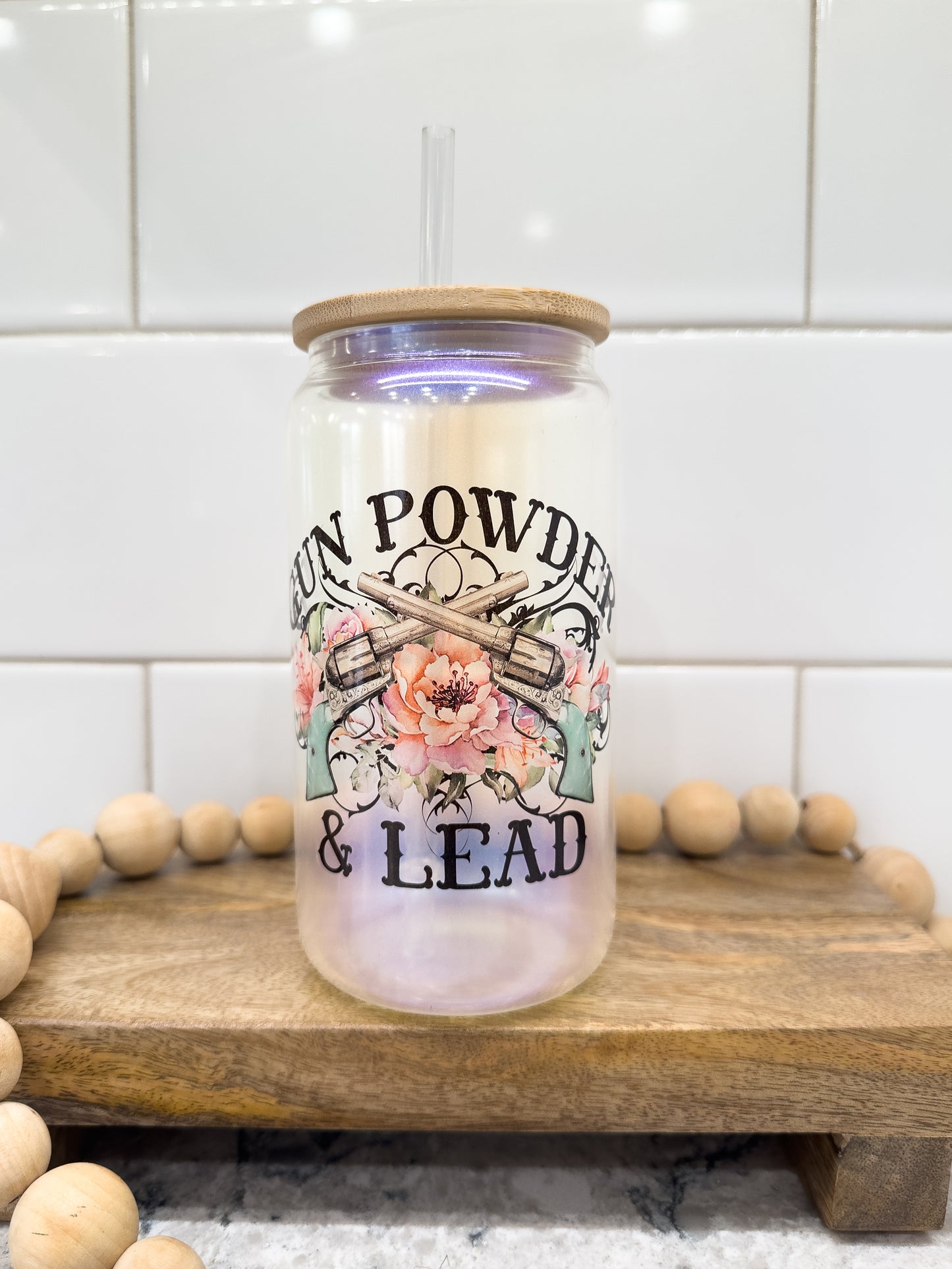 Gun Powder & Lead | 16 oz Can Glass with Bamboo Lid | Blue Iridescent | Glass Drinkware