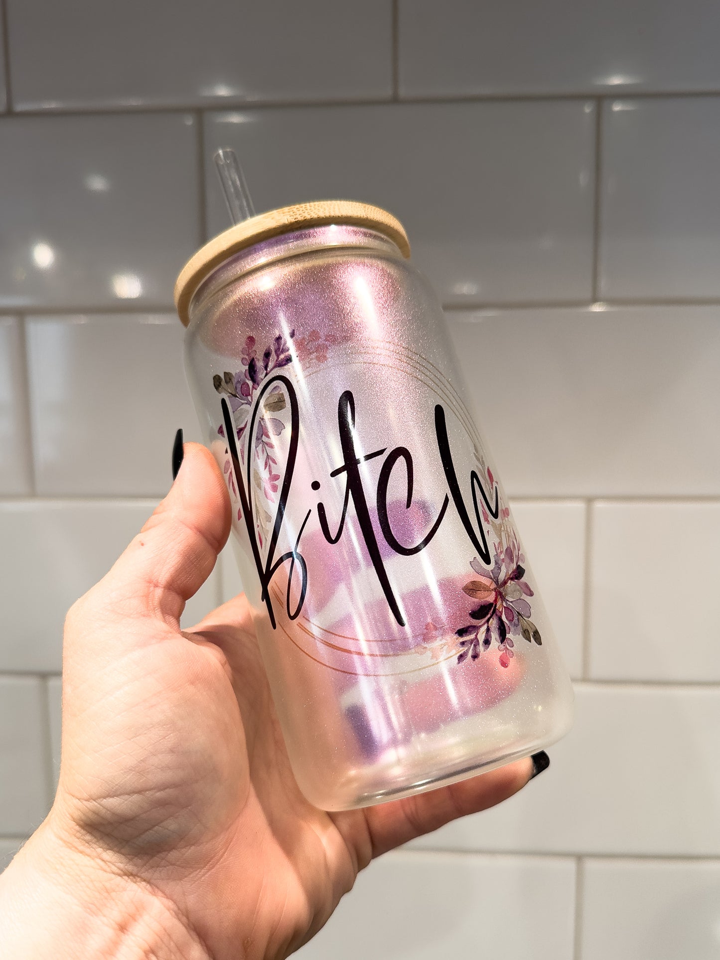 B!tch | Sweary | 16 oz Can Glass with Bamboo Lid | Purple Iridescent | Glass Drinkware