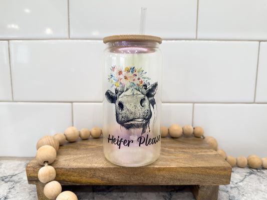 Heifer Please | Cow Lover | 16 oz Can Glass with Bamboo Lid | Purple Iridescent | Glass Drinkware