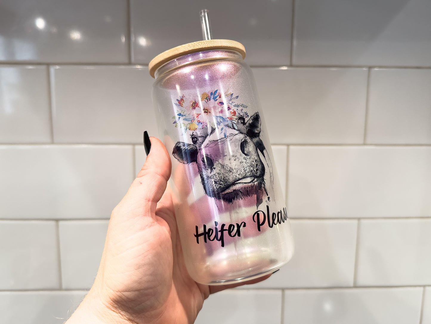 Heifer Please | Cow Lover | 16 oz Can Glass with Bamboo Lid | Purple Iridescent | Glass Drinkware