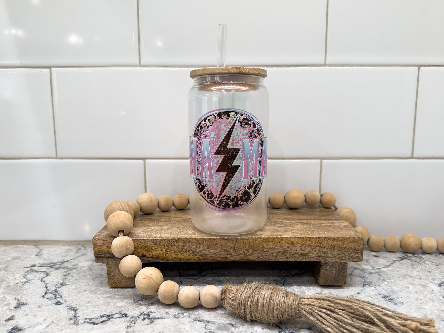 Mama Grunge Lightning | 16 oz Can Glass with Bamboo Lid | Purple Iridescent | Glass Drinkware